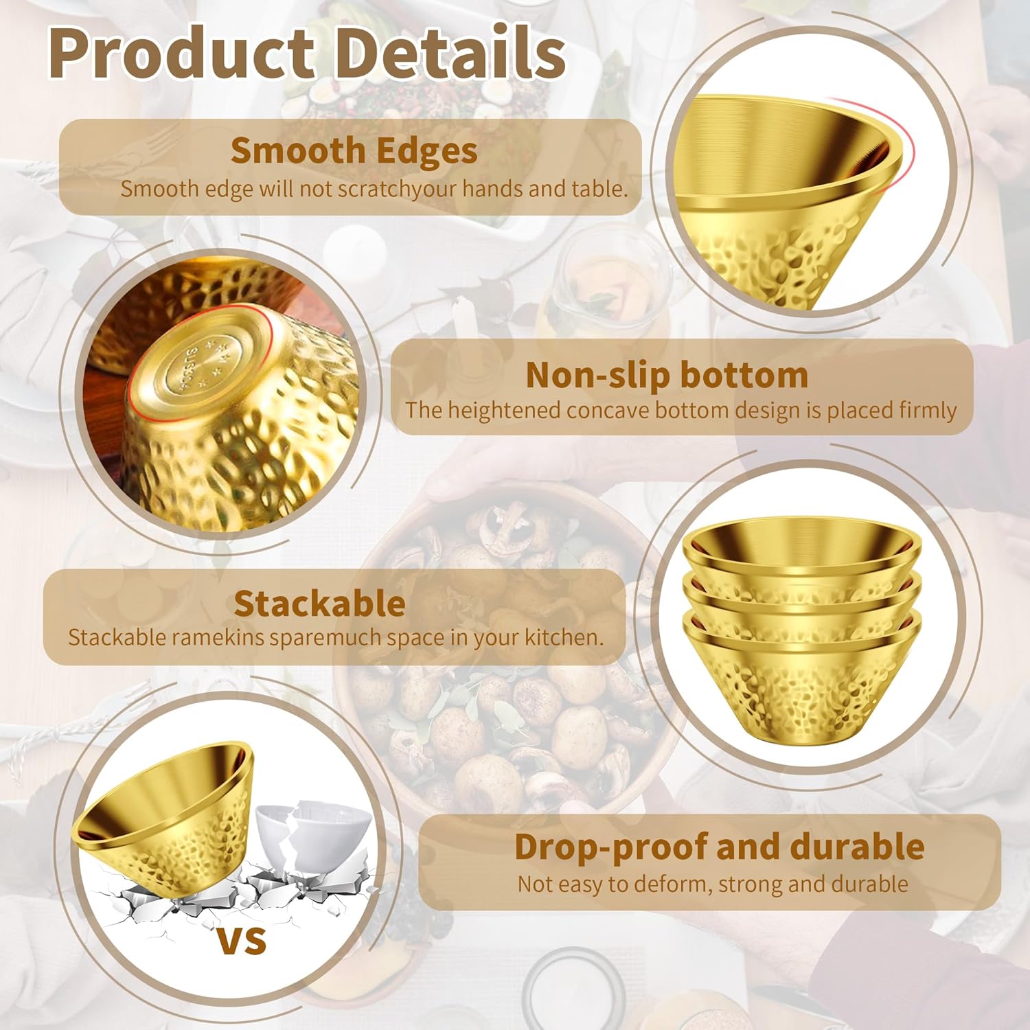 8Pcs 21 Oz Gold 304 Stainless Steel Soup Bowl, 5.9 In Double Walled Insulated Metal Mixing Bowl, Multi-Purpose Kitchen Serving Bowls for Snack, Rice, Ramen, Fruit, Ice Cream
