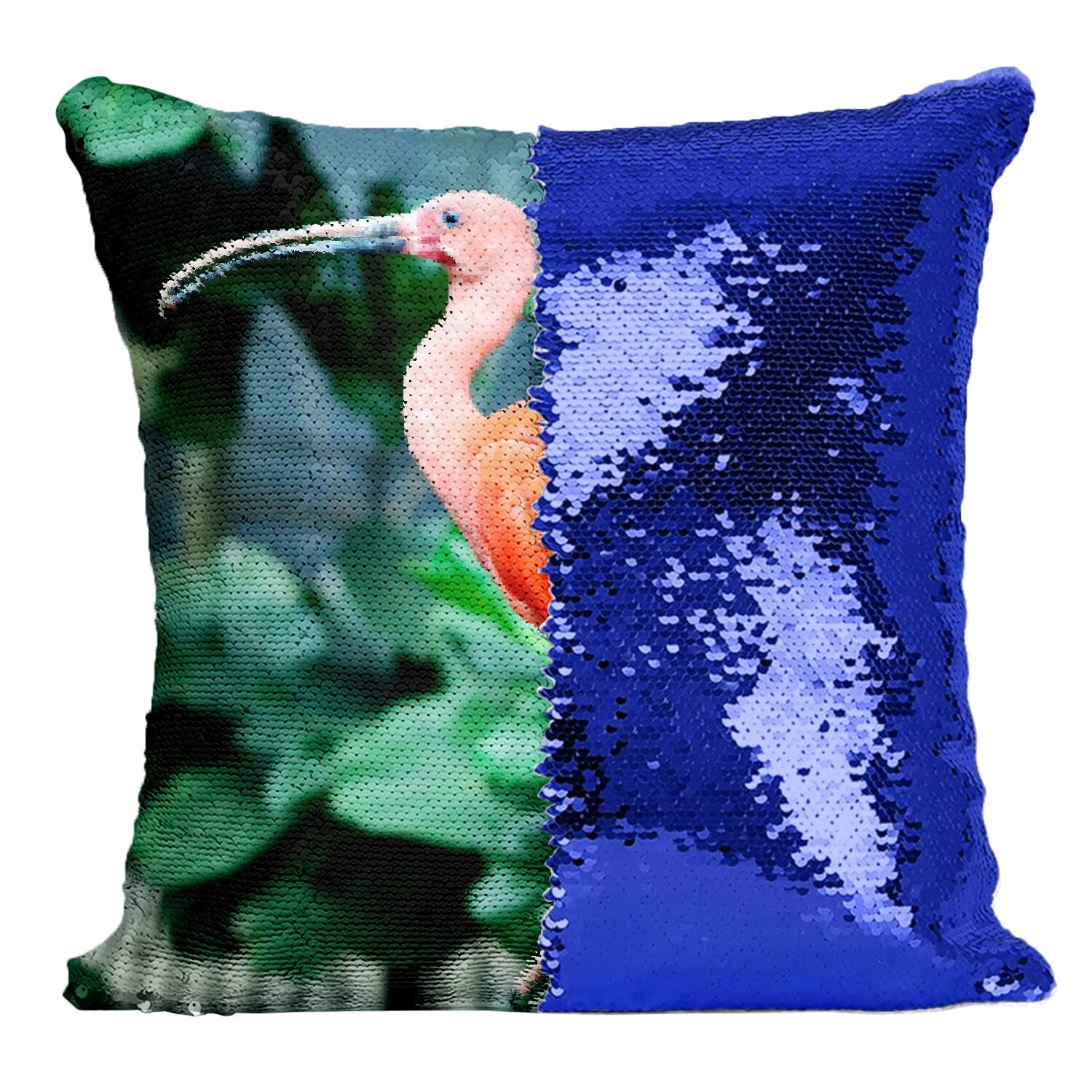 Coussin oiseau ibis rouge paillettes bleu cadeau original