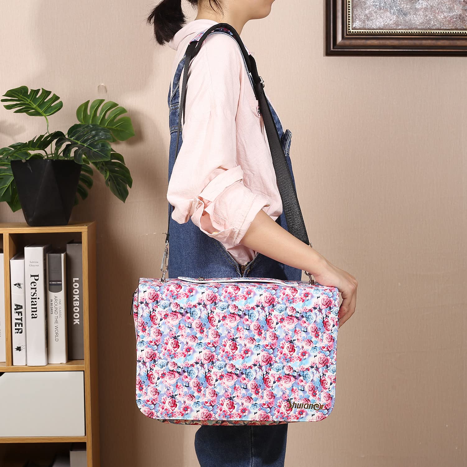 Shulaner Federmäppchen mit 180 Fächern, Blätterdruck, Buntstiftehalter, großes Fassungsvermögen, tragbares Federmäppchen, Organizer (rosa Blume, 290)