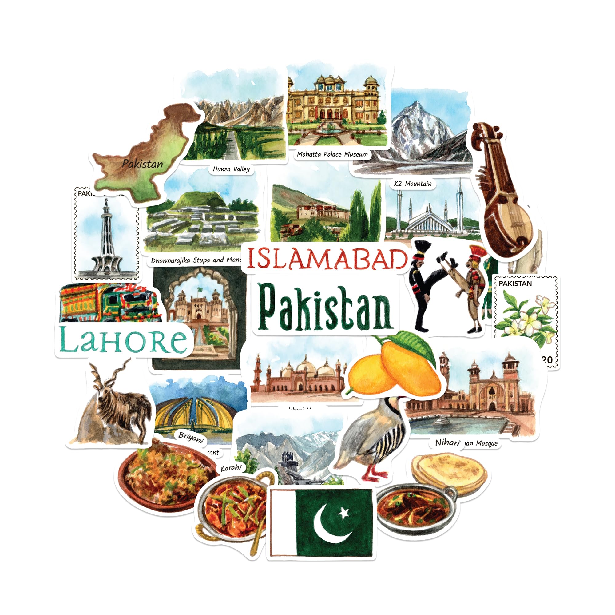 Navy Peony Picturesque Pakistan Travel Stickers (28pcs) - Watercolor, Islamabad, Pakistani Heritage-Themed Decals for Journals, Scrapbooks, Luggage