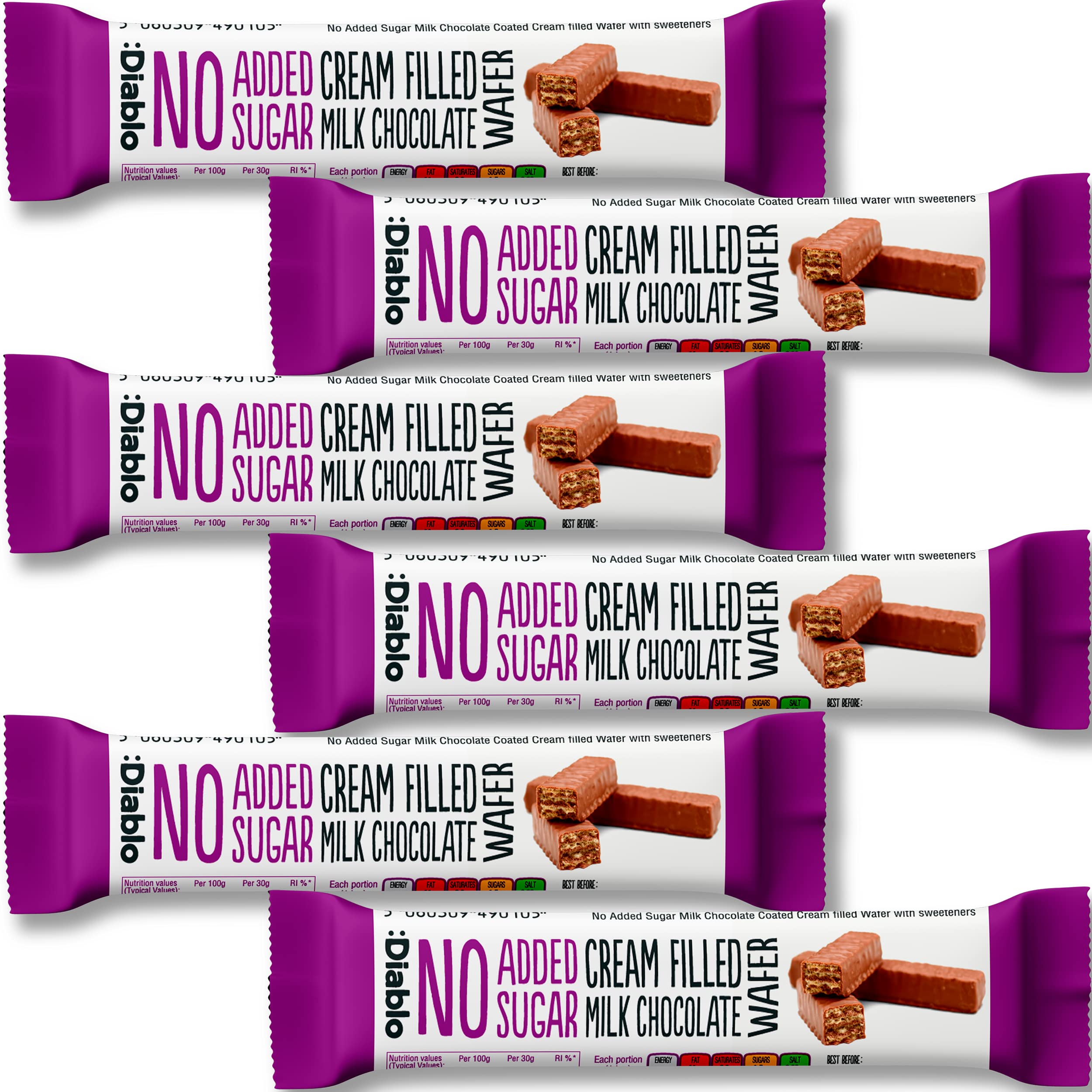 Diablo Cream Filled Milk Chocolate Wafers - No added Sugar, Maltitol Sweetened Treat, Individually Wrapped Biscuits Hamper Basket Ready Snack Pack, Perfect for Gifting - 30g, Pack of 6