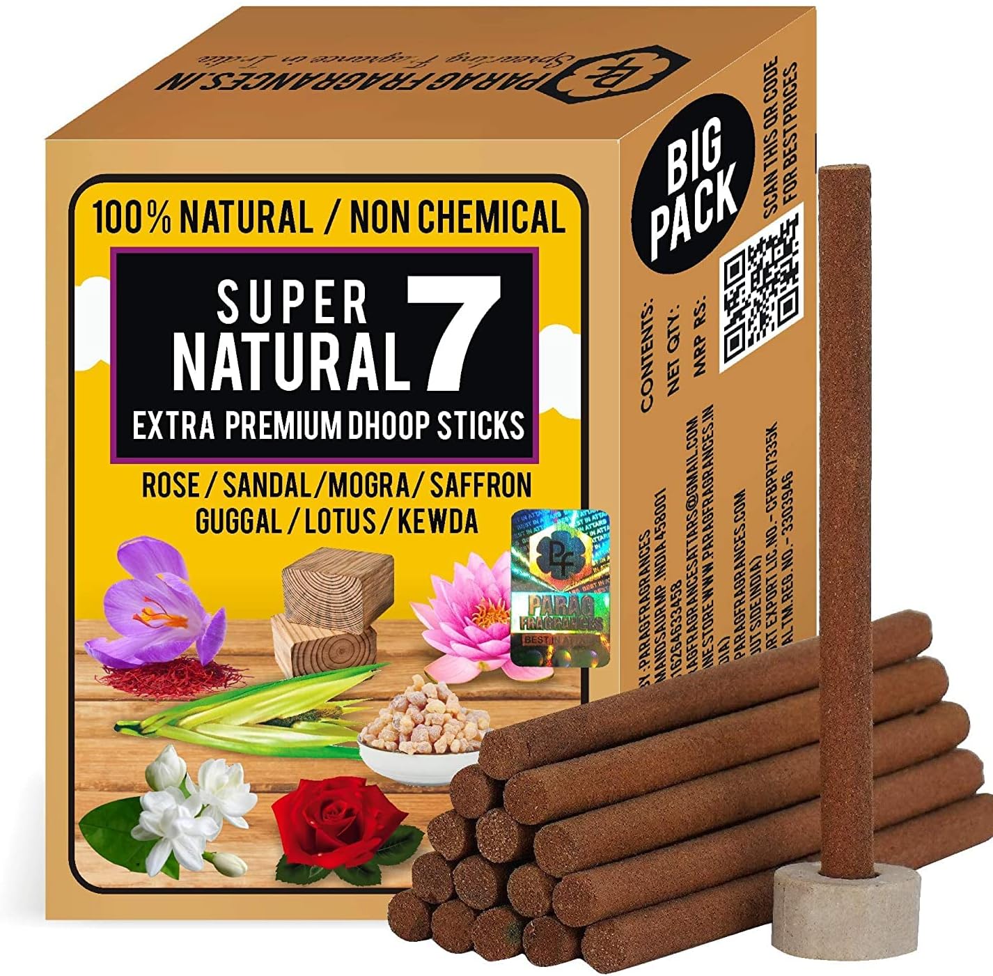 Parag Fragrances Natural 7 In 1 (Gugal,Sandal,Rose,Saffron,Mogra,Lotus,Kewda) Dhoop Sticks 250 Gram/Chemical & Bamboo Free Natural Dhoop Batti/Dhoop Sticks For Prayer & Home Fragrance