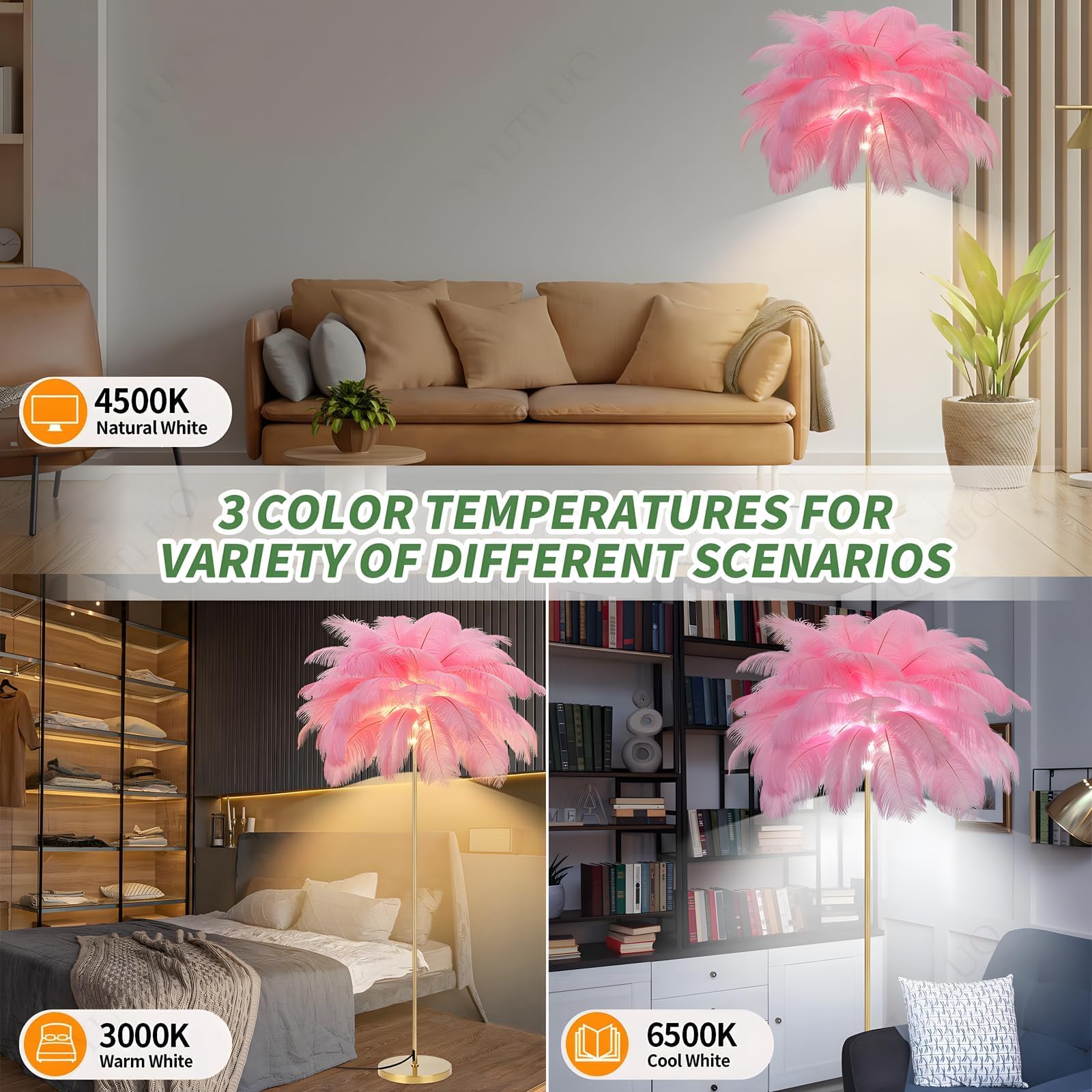 Moderne Federlampe, Stehlampe Aus Natürlichen Straußenfedern, 160cm Hoch, Goldene Stange Und Sockel, Stehlampe, 3 Farbtemperaturen, G4 Led Lampen Wohnzimmer Kinderzimmer Schlafzimmer (Rosa)