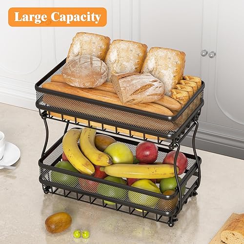 Miniatura 2 de Cesta de frutas de 2 niveles para encimera de cocina, soporte de almacenamiento de tazón de pan de verduras, canasta rectangular de alambre de metal