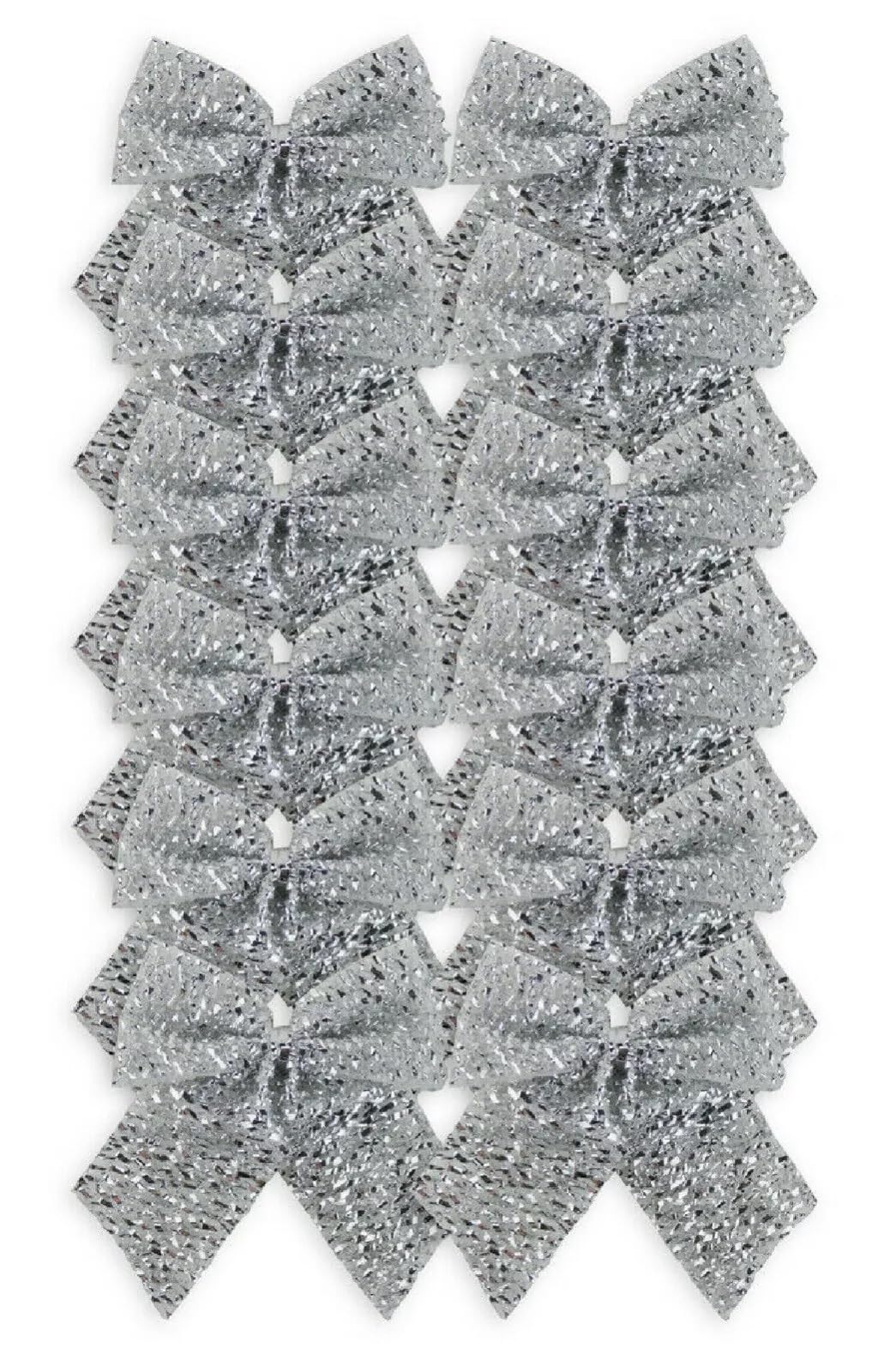 12 SILVER Glitter Tinsel 7cm Bows Christmas Wedding Decoration Tree Card Crafts Bow