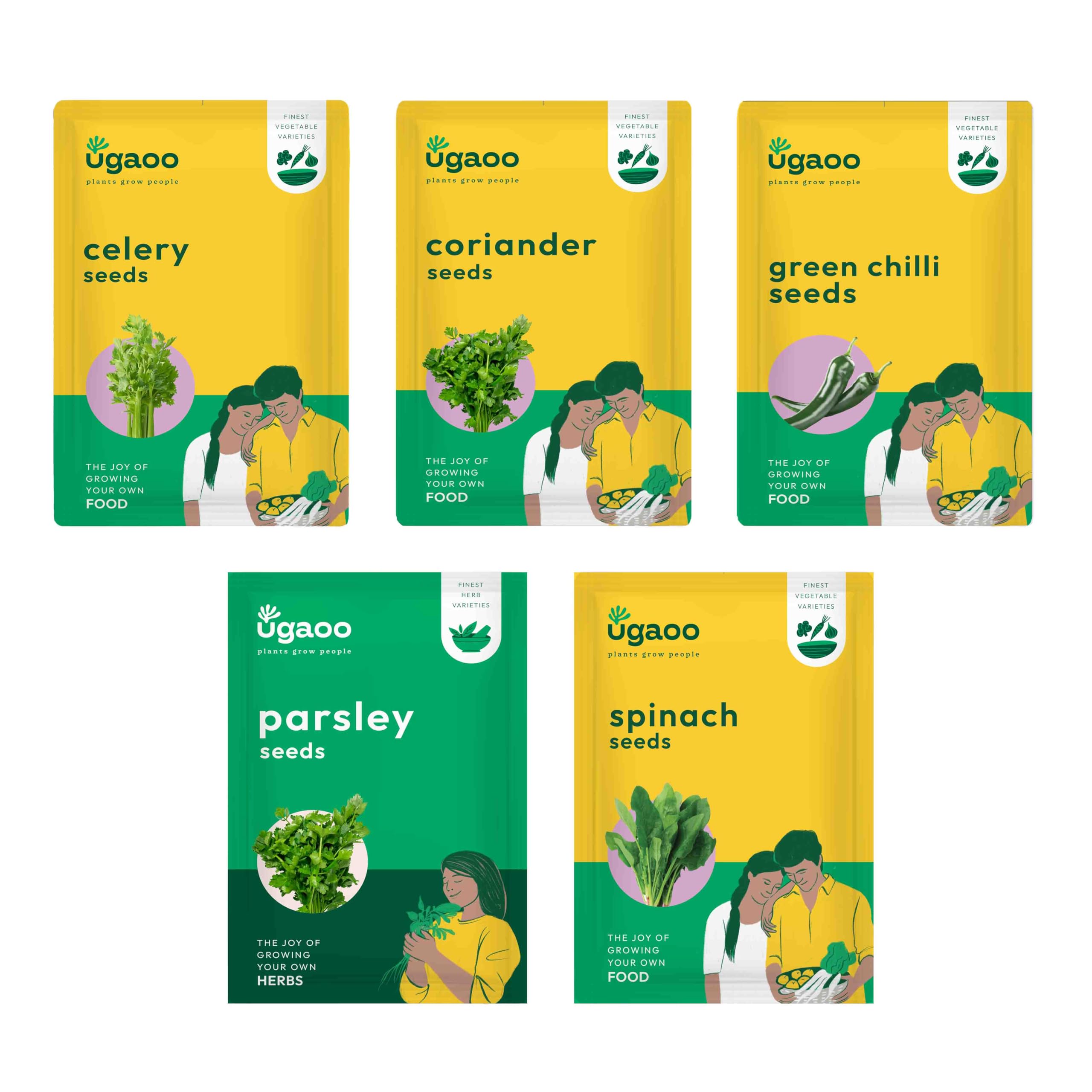 UGAOO Indian Greens Bundle of 5 Packet (Celery Seeds, Spinach Seeds (Palak), Green Chilli Seeds, Coriander Seeds, Parsley Seeds)