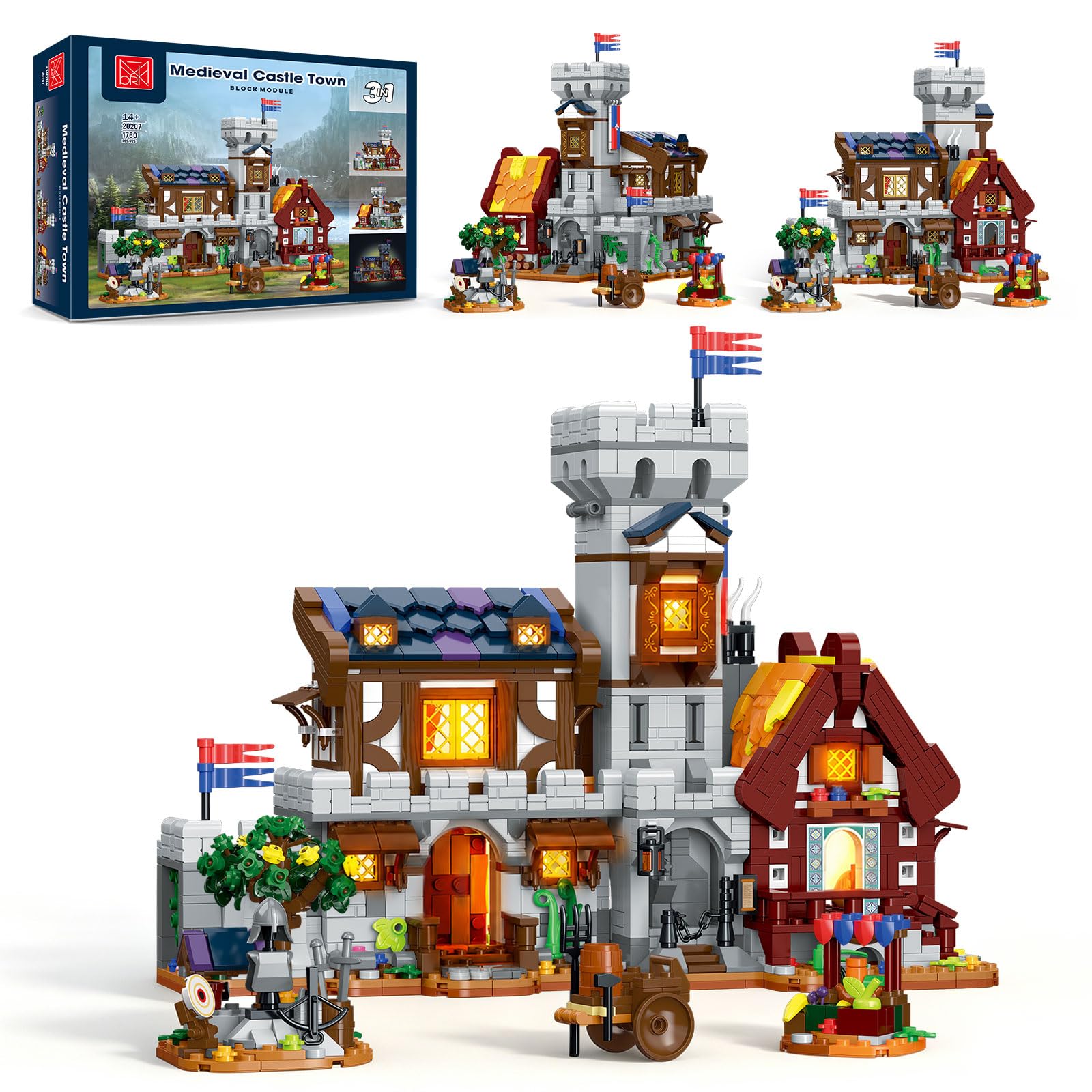 MORKBRIXX Medieval Castle Town Building Set with LED Light for Adults