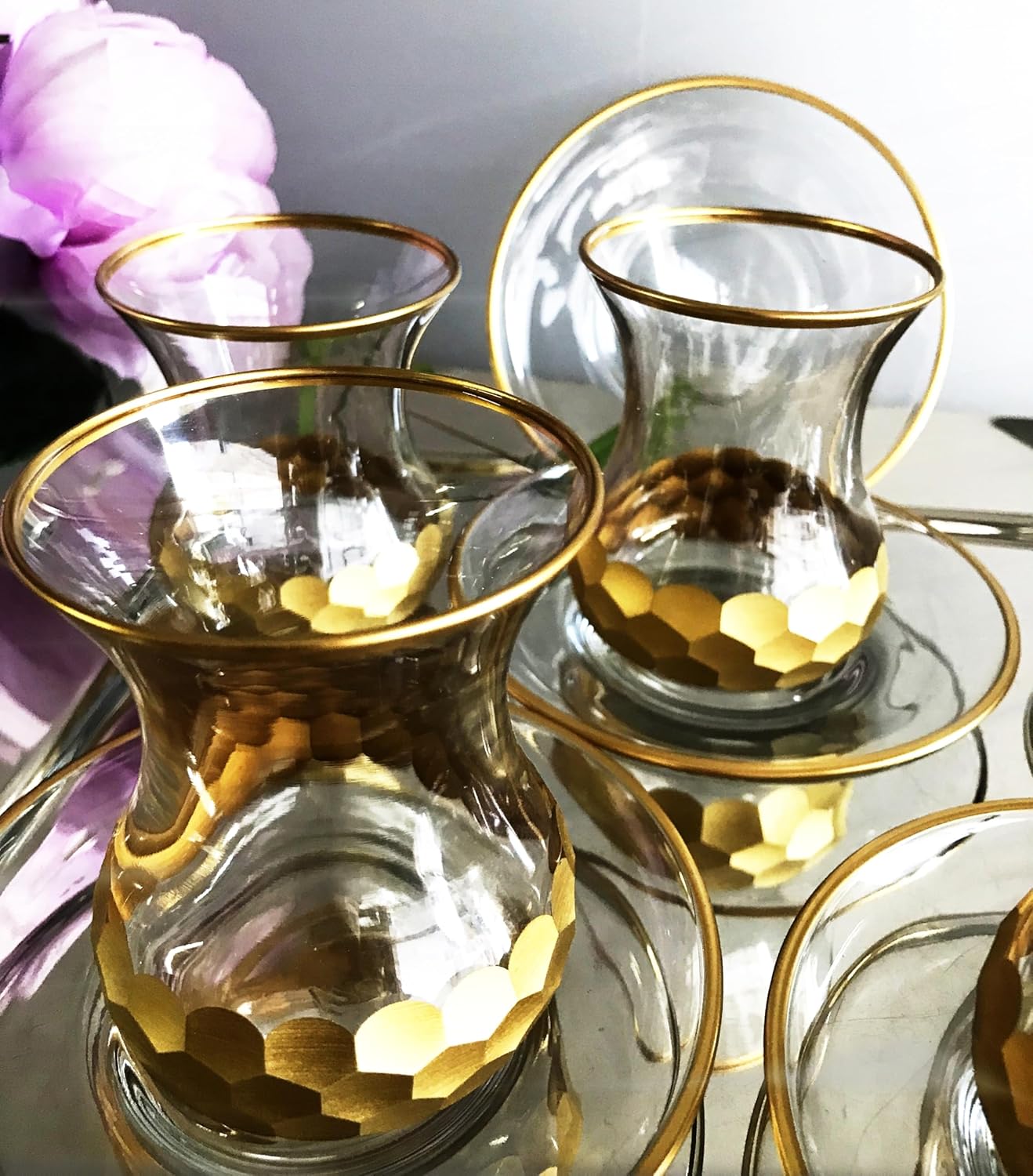 Erdem Crystal Tea Glass Gold Color Cup and Saucer Set, 12 Pieces for 6 Persons, Home Gift and Afternoon Tea Clean Gold
