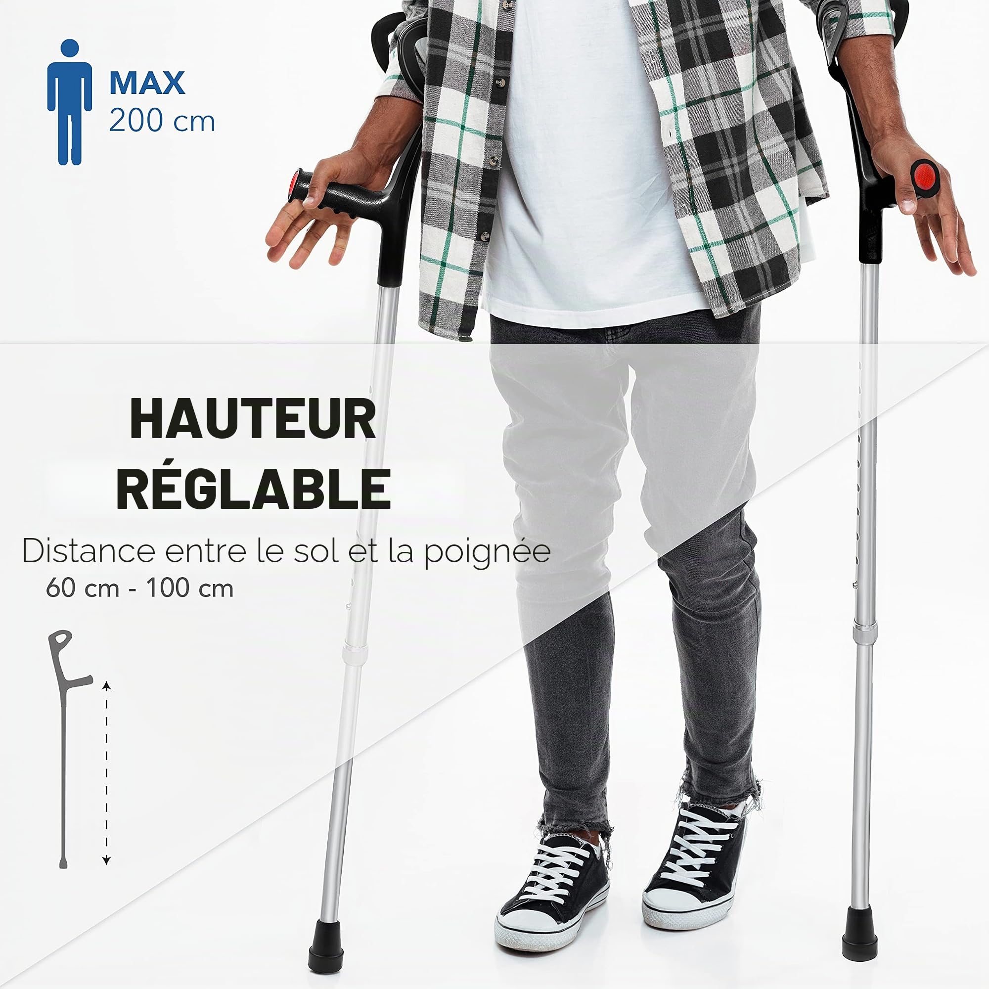 AIESI® Bequilles Medicales adultes orthopédique réglable unique couleur noire légers en aluminium anodisé (Paquet de 2 pièces), Garantie 24 mois