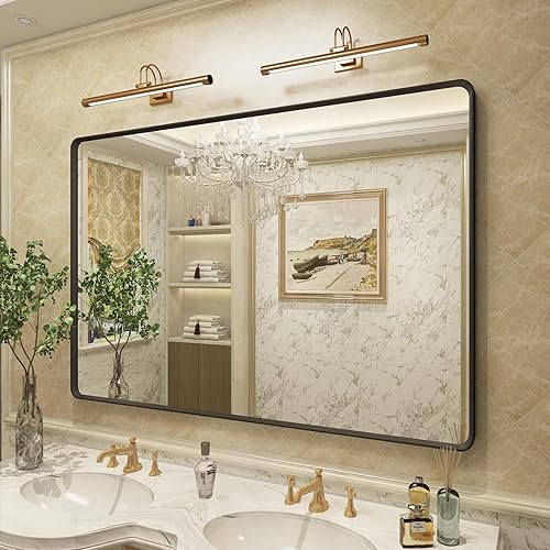 Miniatura 19 de OKPAL Espejo de Baño con Marco de Metal Negro de 40 x 36 Pulgadas para Pared, Espejo de Tocador de Baño Negro Mate, Espejo Rectangular Redondeado