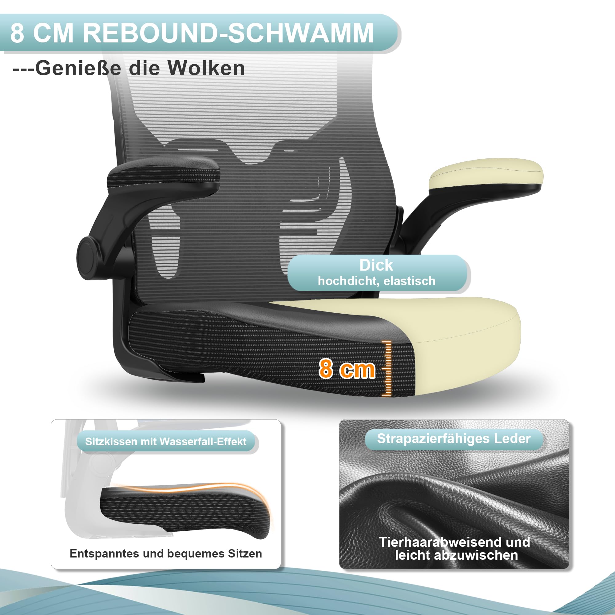 CYKOV Homeoffice Bürostuhl Ergonomisch Klappbare Armlehne Wasserfallsitz | S-Kurve Wirbelsäulenstütze, 4-fach Arretierung 90°-135°, SGS-zertifiziert 150kg Tragkraft, Lendenwirbelstütze verstellbar