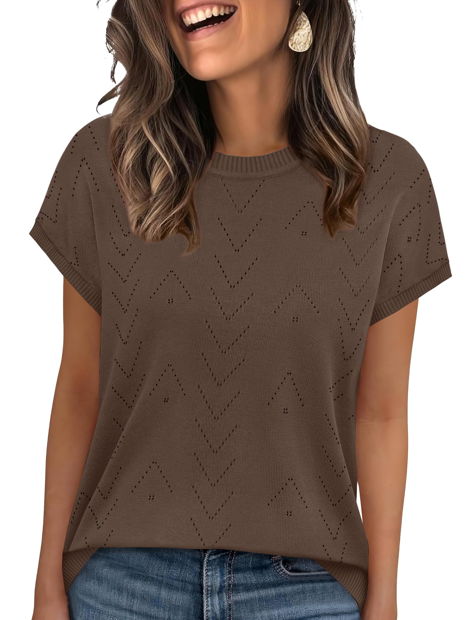 Sampeel Short Sleeve Sweaters for Women Crew Neck Summer Tops 2026 Trendy Beach Vacation Clothes Business Casual Outfits