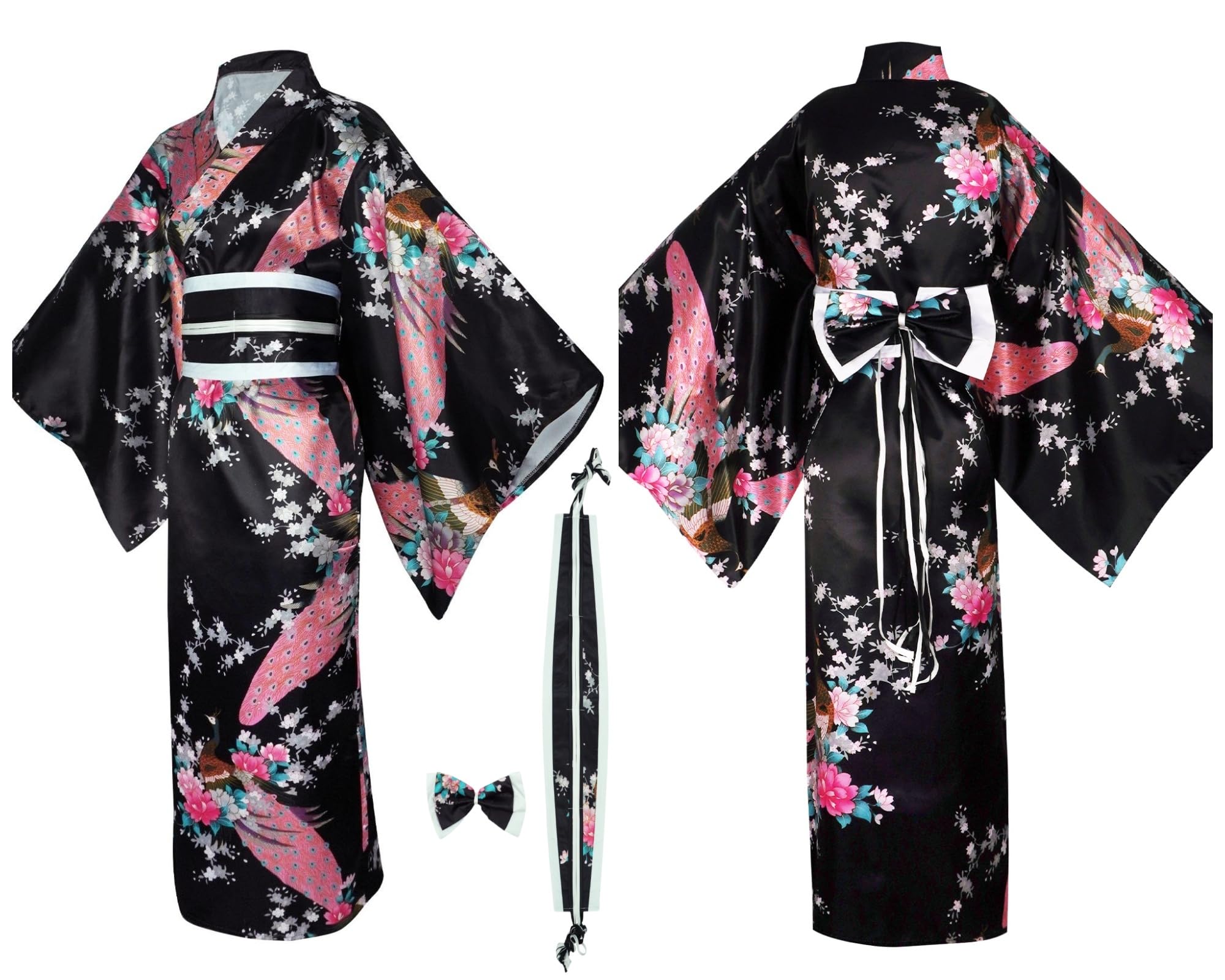 Completo Yukata Kimono Donna Giapponese in Raso Setoso, 8 Pezzi in Scatola Regalo - Costume Geisha Elegante Motivo Pavone o Sakura, Abito Cosplay Anime per Carnevale, Feste, Festival, Fotografia