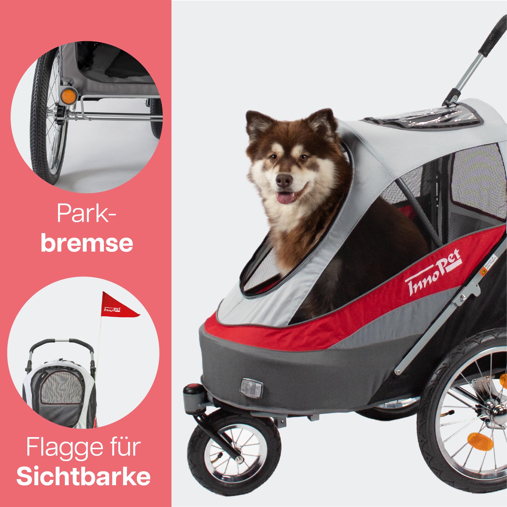 Hundebuggy & Fahrradanhänger für Hunde - Innopet Sporty Dog Trailer Deluxe Hundeanhänger für Fahrrad - Rot/Weiß - zusammenklappbar - mit Regenschutz - Luftreifen - Fahrradkit inklusive