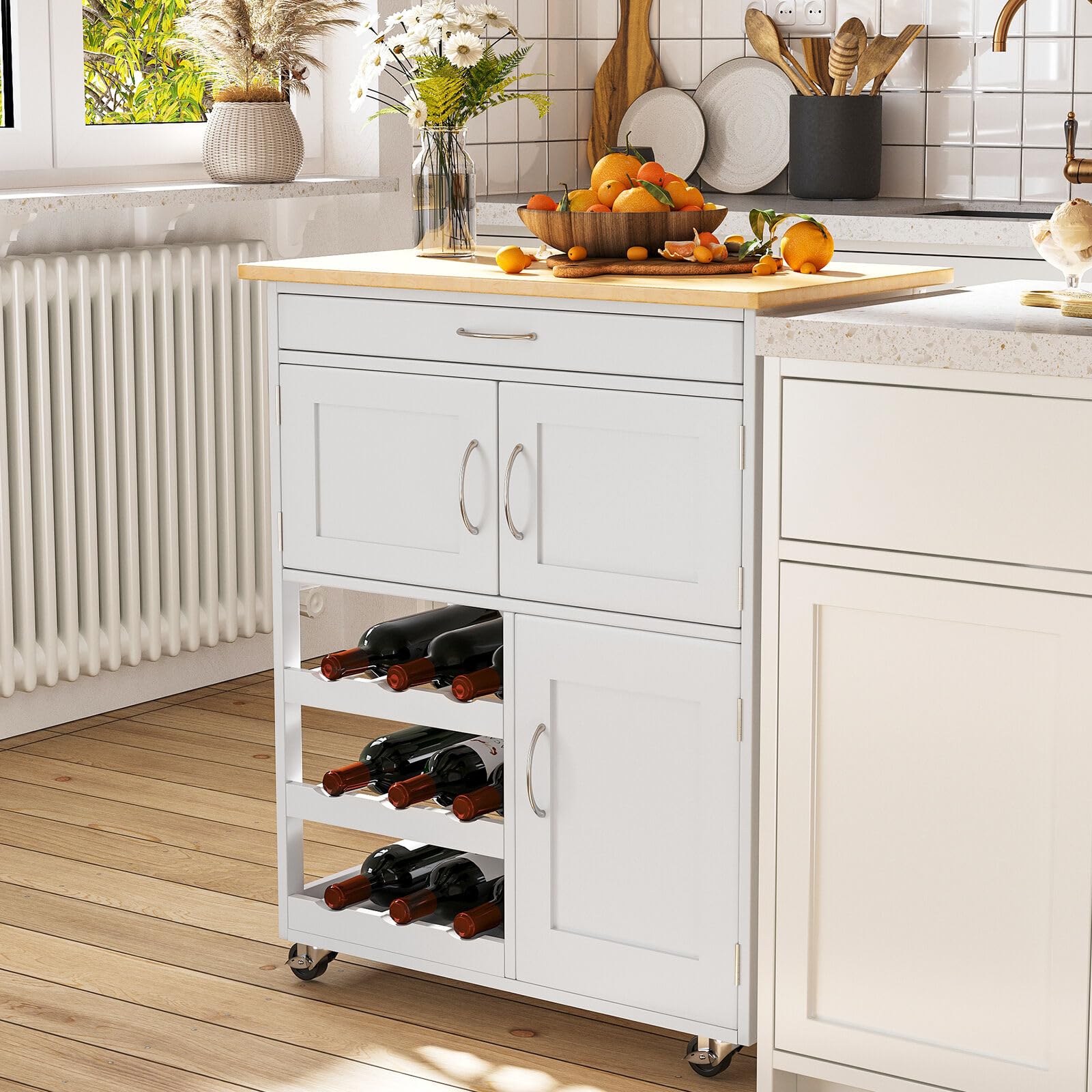 Brigros WeHome - Carrello Cucina Legno Febe, Credenza Bianca 67x36x87 Cm Con 1 Cassetto, 3 Ante, 3 Ripiani Portabottiglie, Mobile Cucina Con Ruote E Piano In Legno Rovere (Bianco)