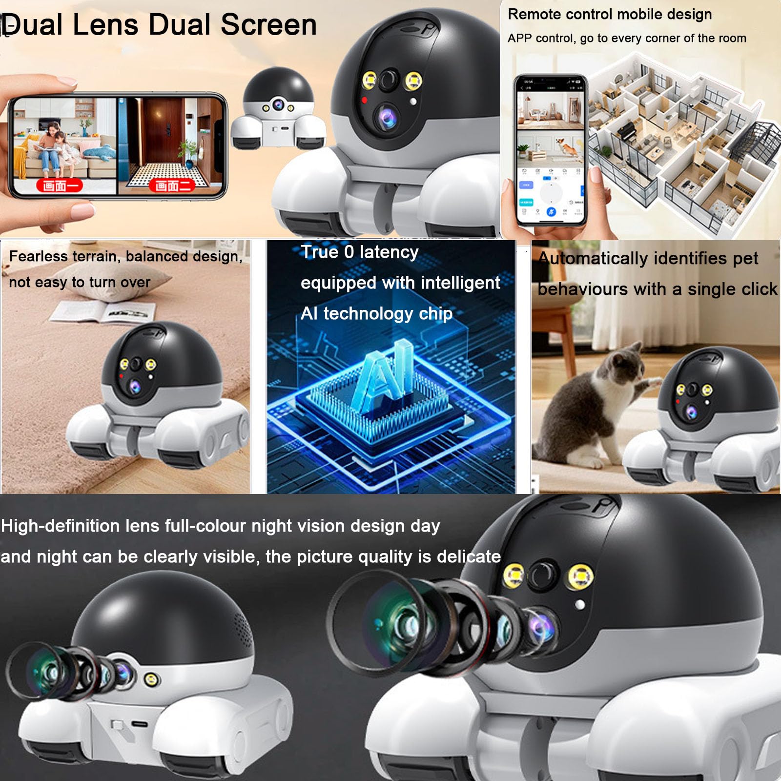 Blinky Robot,Pet Camera,Robot Camera on Wheels,Rolling Robot Camera with Talk,Blinkybot Camera,360° Cameras On Wheels 1080p Dual Lens with App Control,2-Way Talk,Night Vision,For Pets,Elderly,Home-A