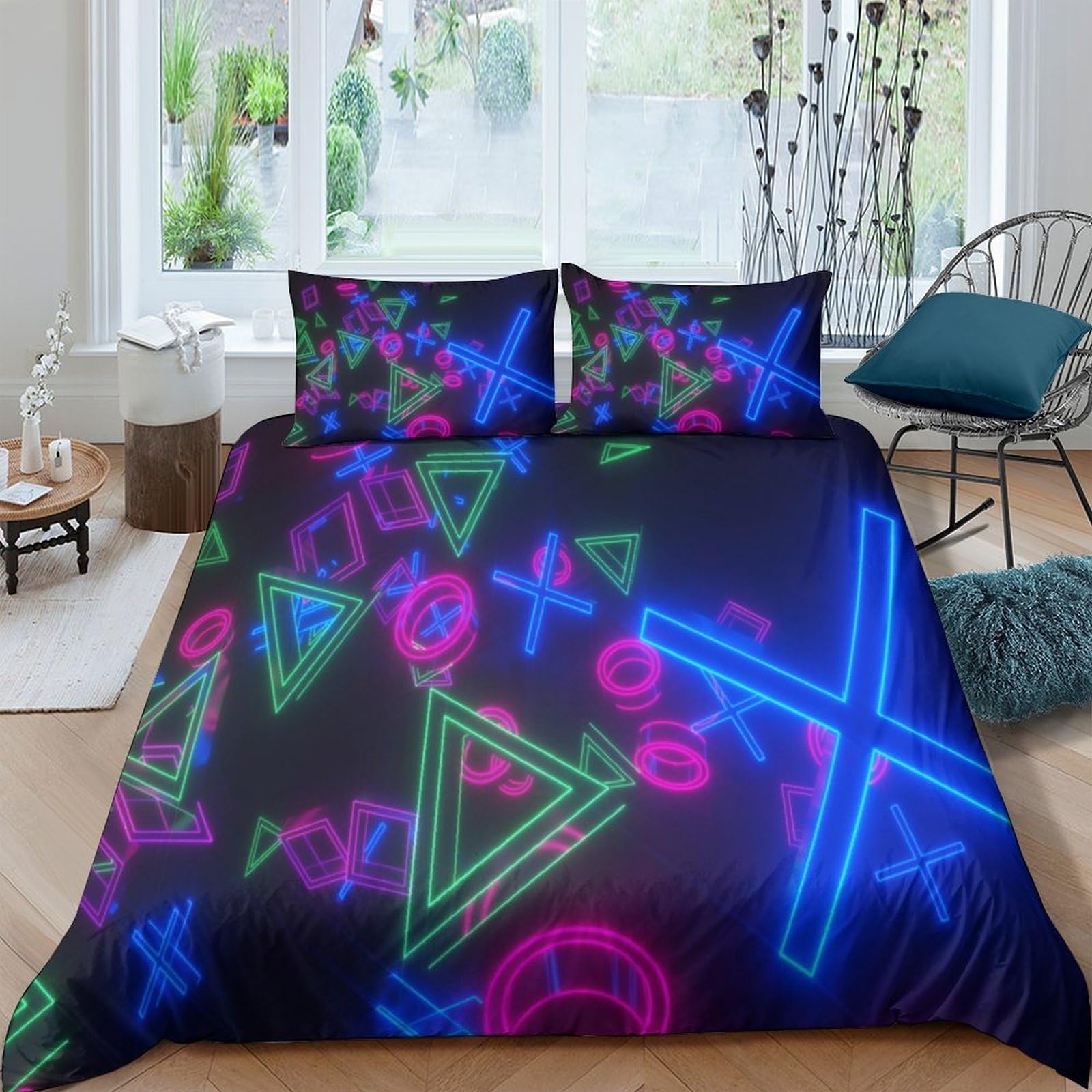 Ctjqhvkz Style-10 3D Printed Neon Gaming Symbols Fitted Sheet Microfiber Soft Breathable Retro Controller Bed Cover For Bedroom Dorm Decor Single（135X200cm）