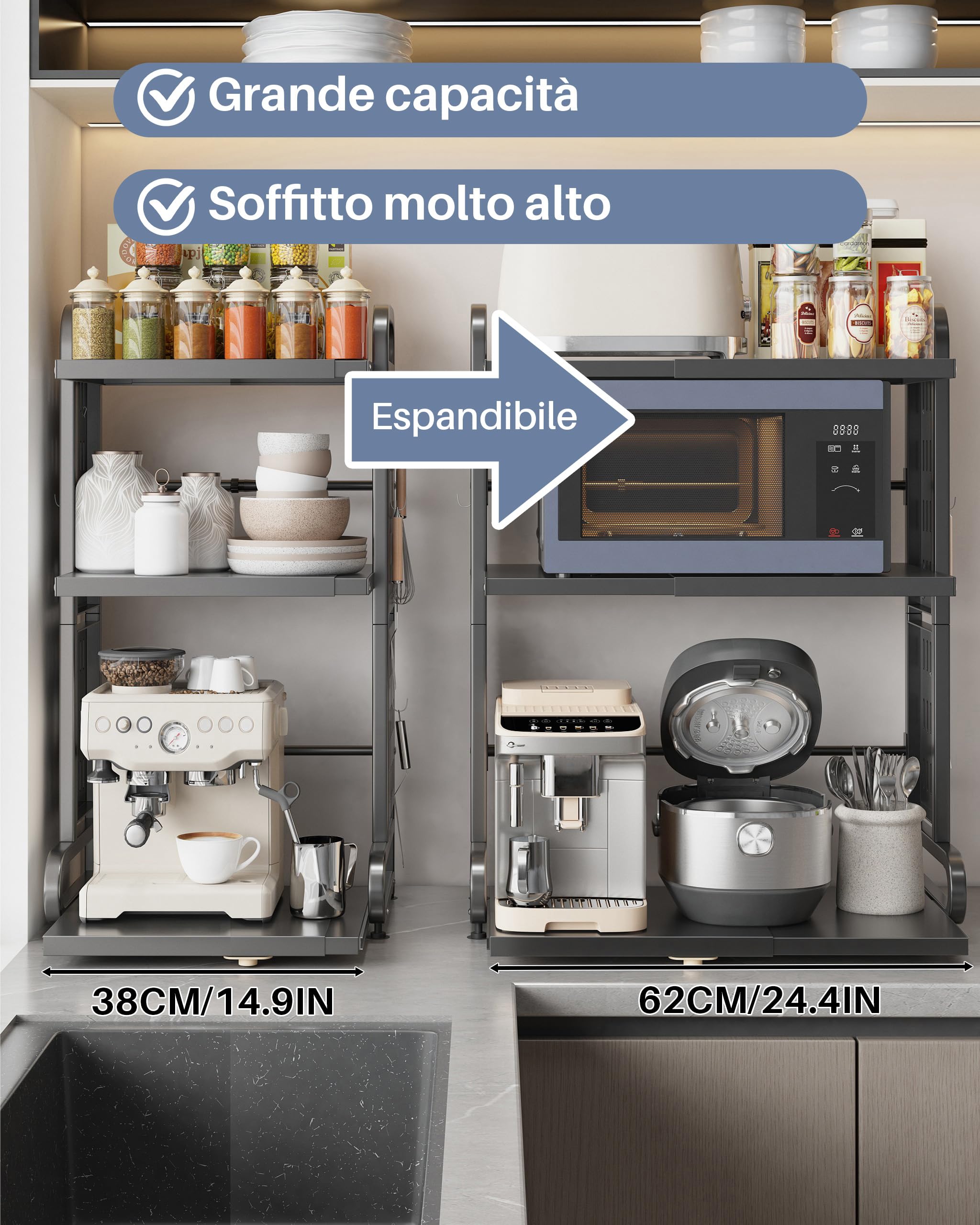 Scaffale Estraibile per Microonde con Cassetto, 3 Ripiani e 6 Ganci Metallici, Supporto per Friggitrice ad Aria e Teglie, Scaffale da Cucina Nero