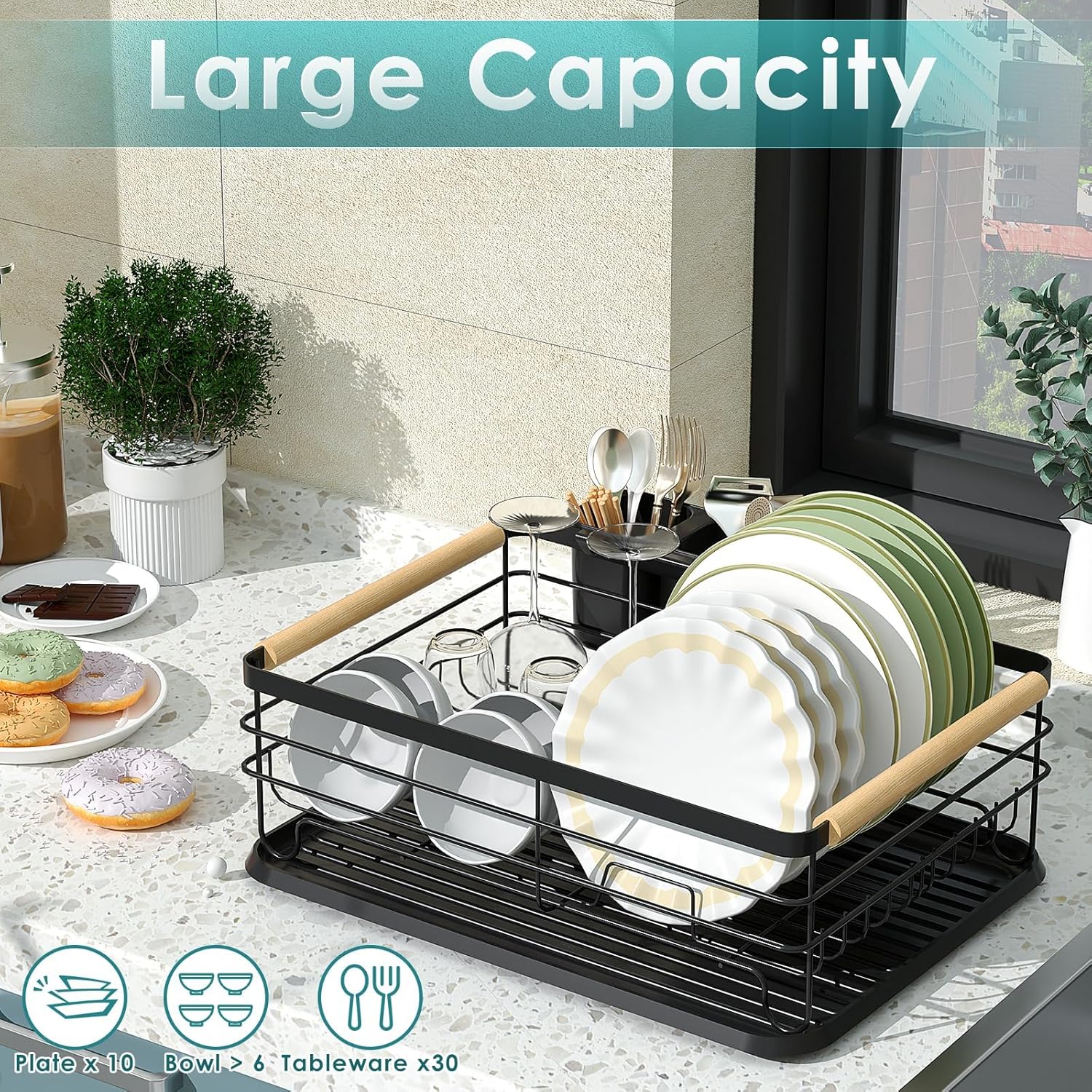 Dish racks Anti rush Drying Rack Utensil Storage Shelf Holder Kitchen Countertop Cutlery Holder 43 x 30.5 x 14 cm (Black)