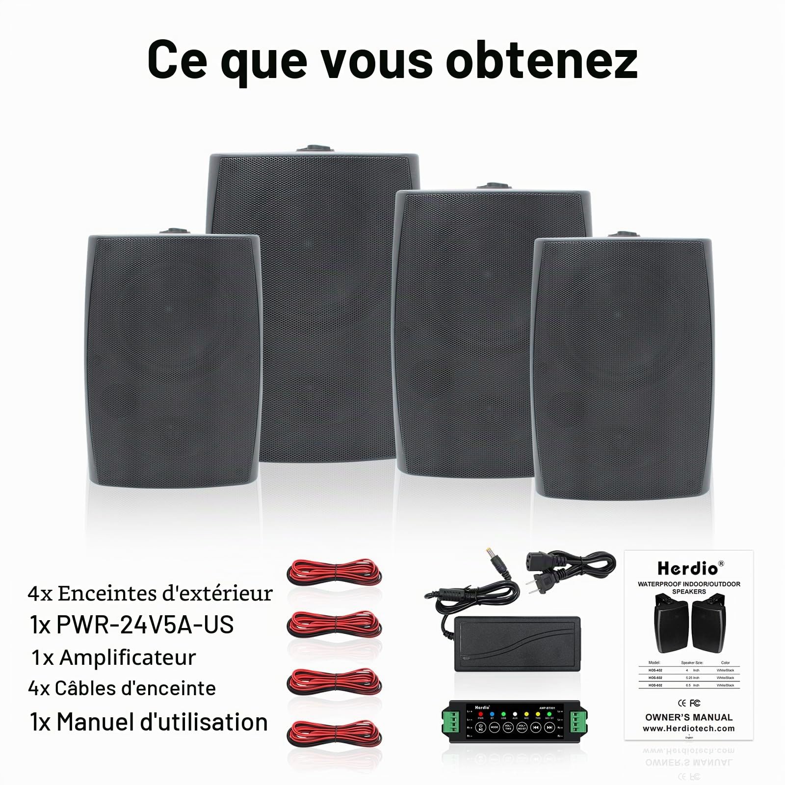Herdio 6,5 Pouces 800 W Haut-parleurs Bluetooth d'extérieur, filaires étanches avec amplificateur Multifonctionnel, Haut-parleurs muraux pour terrasse, Piscine, Jardin (Noir)