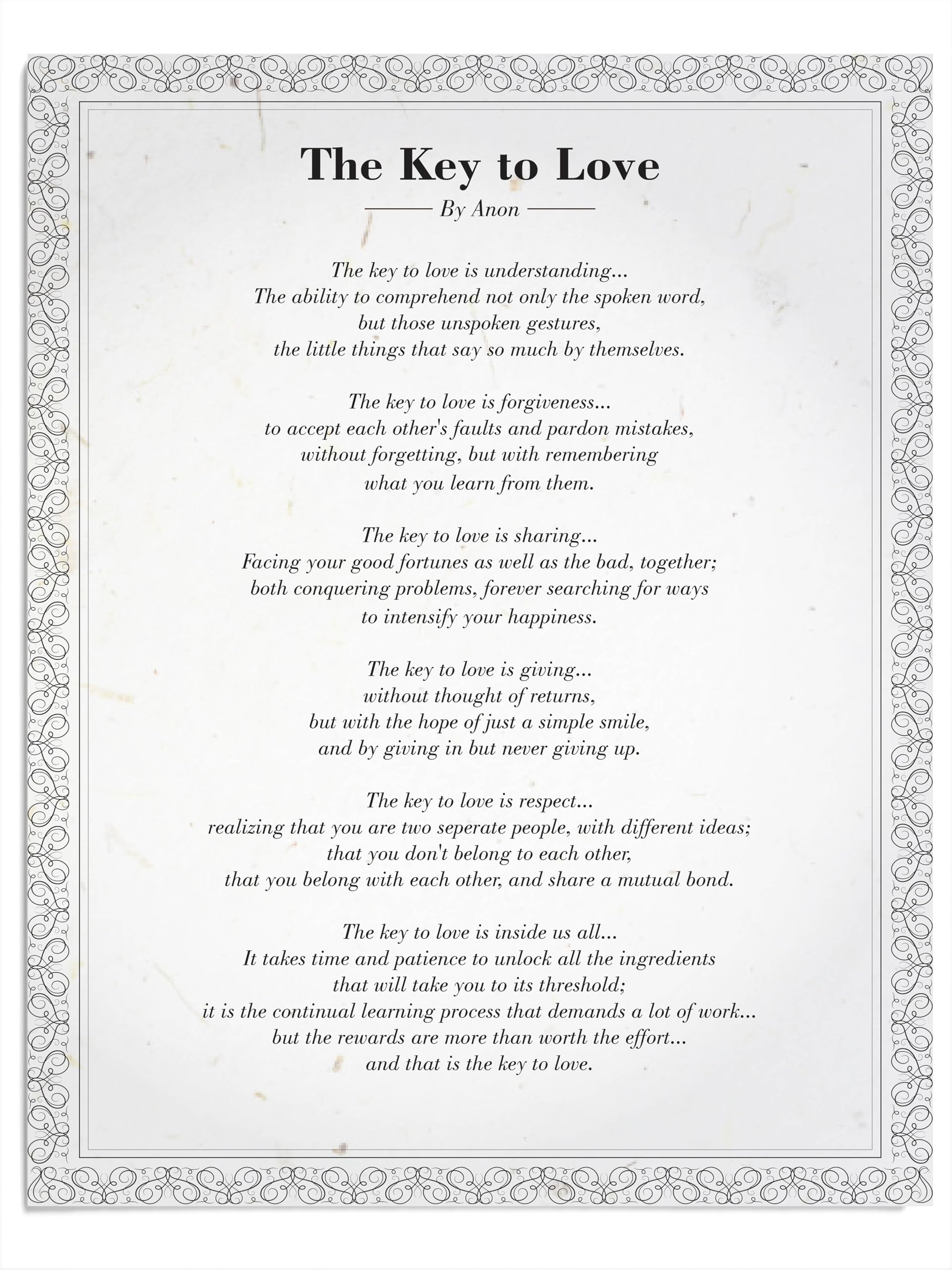 AMERICAN LUXURY GIFTS The Key to Love Poem - Distressed Romantic Wall Decor for Bedroom - Love You More Sign - 11x14 Unframed Print