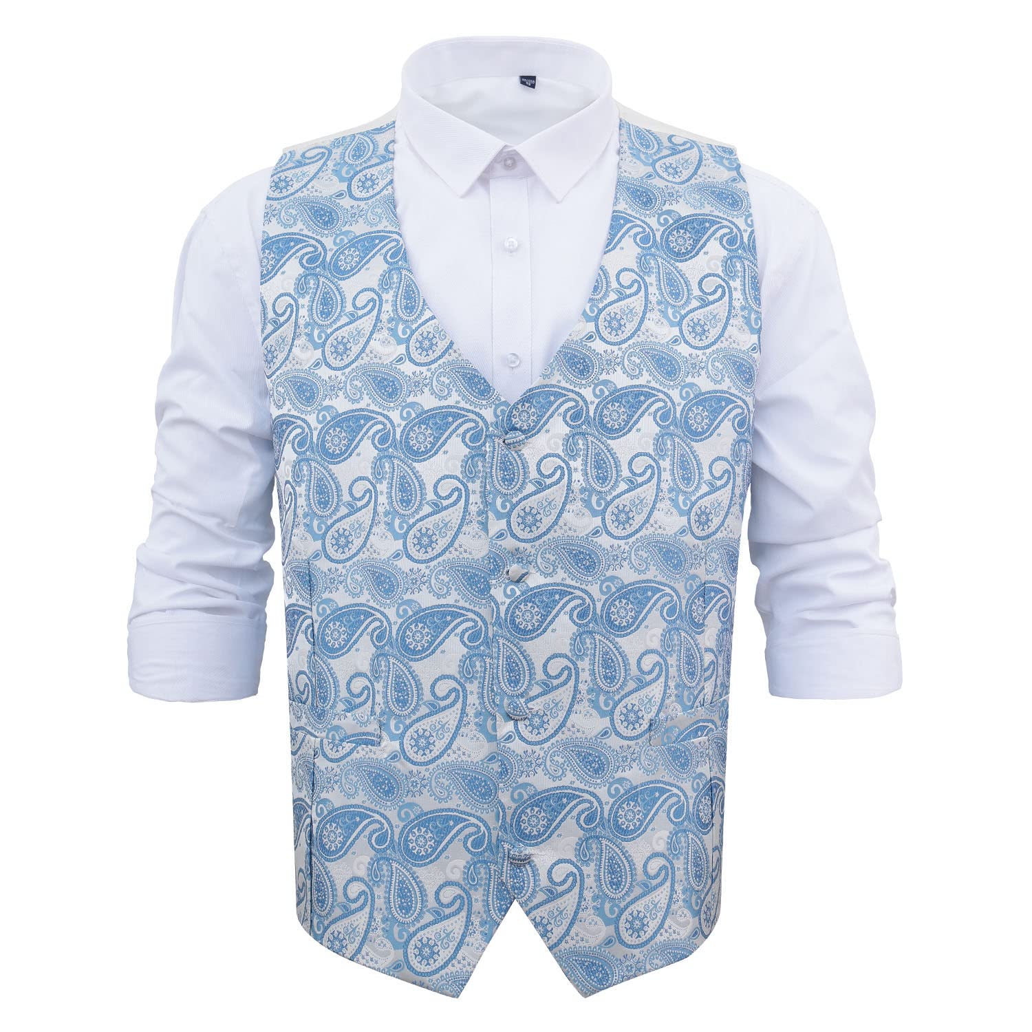 Dqt Men's White & Blue Paisley Bohemian Floral Wedding Waistcoat – Groom Formal Suit Vest 44" (2Xl)