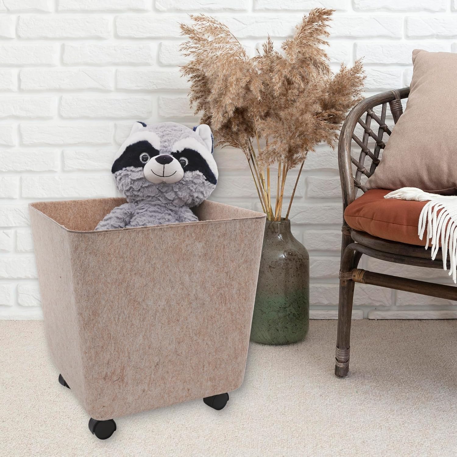 Welaxy Nodic large tall rolling Storage basket with wheels Mobile Office Felt open Bin for backpack Toys Pet Books Clothes throw blanket organize Closet Bathroom Pantry Kitchen (Oatmeal)