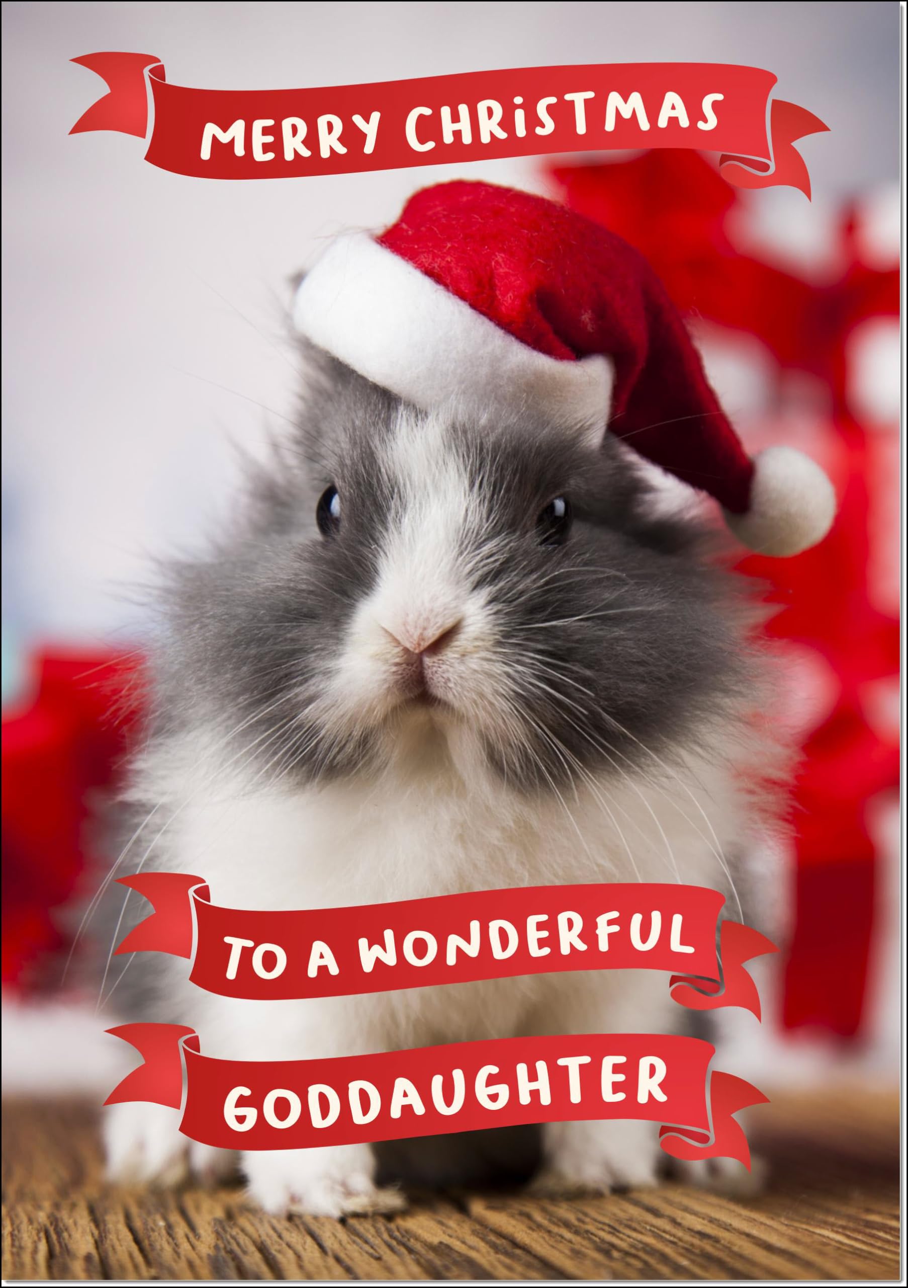 doodlecards Goddaughter Christmas Card Cute Santa Paws Rabbit Pet Christmas Hat Large A4 Size Christmas Card for Goddaughter with Plain Envelope