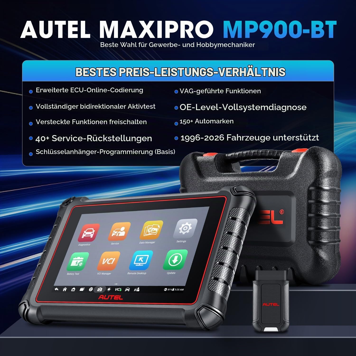 Autel MaxiPRO MP900BT: 2026 Kabelloses ab MP900BT KIT Steuergeräte-Codierung, OS11, 3K+ Aktiven Test, DoIP CANFD, 40+ Reset, VIN/Kennzeichen Scan, Neues Modell von MP808BT PRO MP808S DS808 MS906 Pro