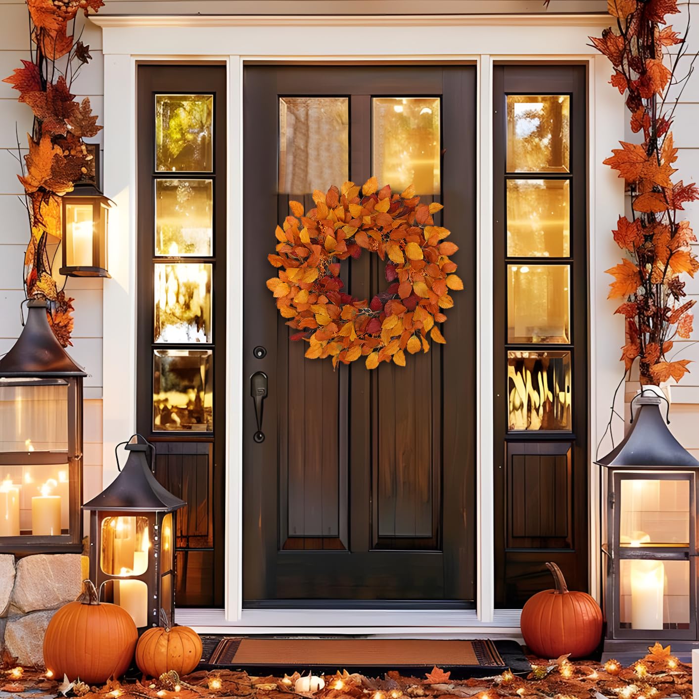 Künstlicher Herbstkranz für Tür – 61 cm Türkranz mit Herbstlaub & Beeren– Orange Gelb Herbstdeko für Haustür, Halloween & Erntedank – Innen & überdachten Außenbereich