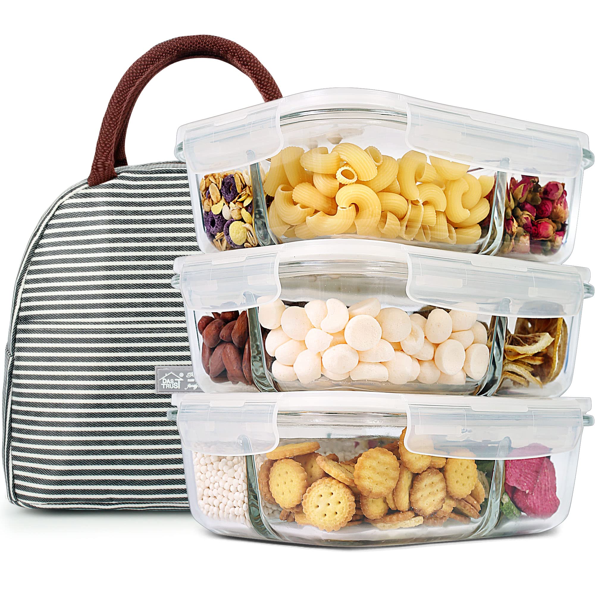 2 Pack 36oz Bento Box Glass Meal Prep Containers 3 Compartment Glass Food Storage Containers with Lids Lunch Box Meal Prep Bowls Glass Food Prep Containers Lunch Container Microwave Oven Safe