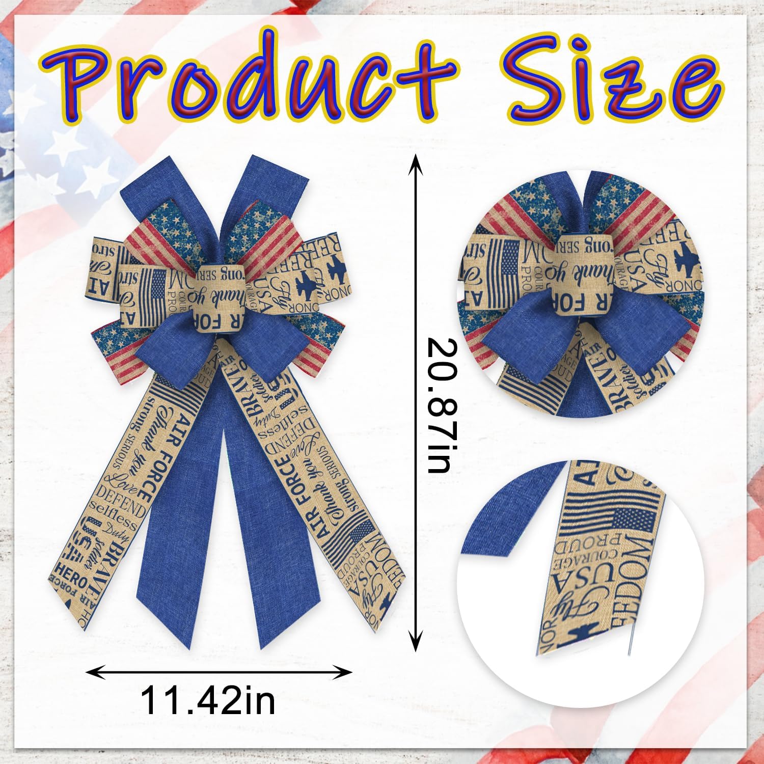 Large US Air Force Patriotic Bow - Linen Burlap Blue Military Ribbon Bow for Wreaths, Front Door Decor, Retirement Party, Indoor/Outdoor Wreath Decoration Supplies image 2