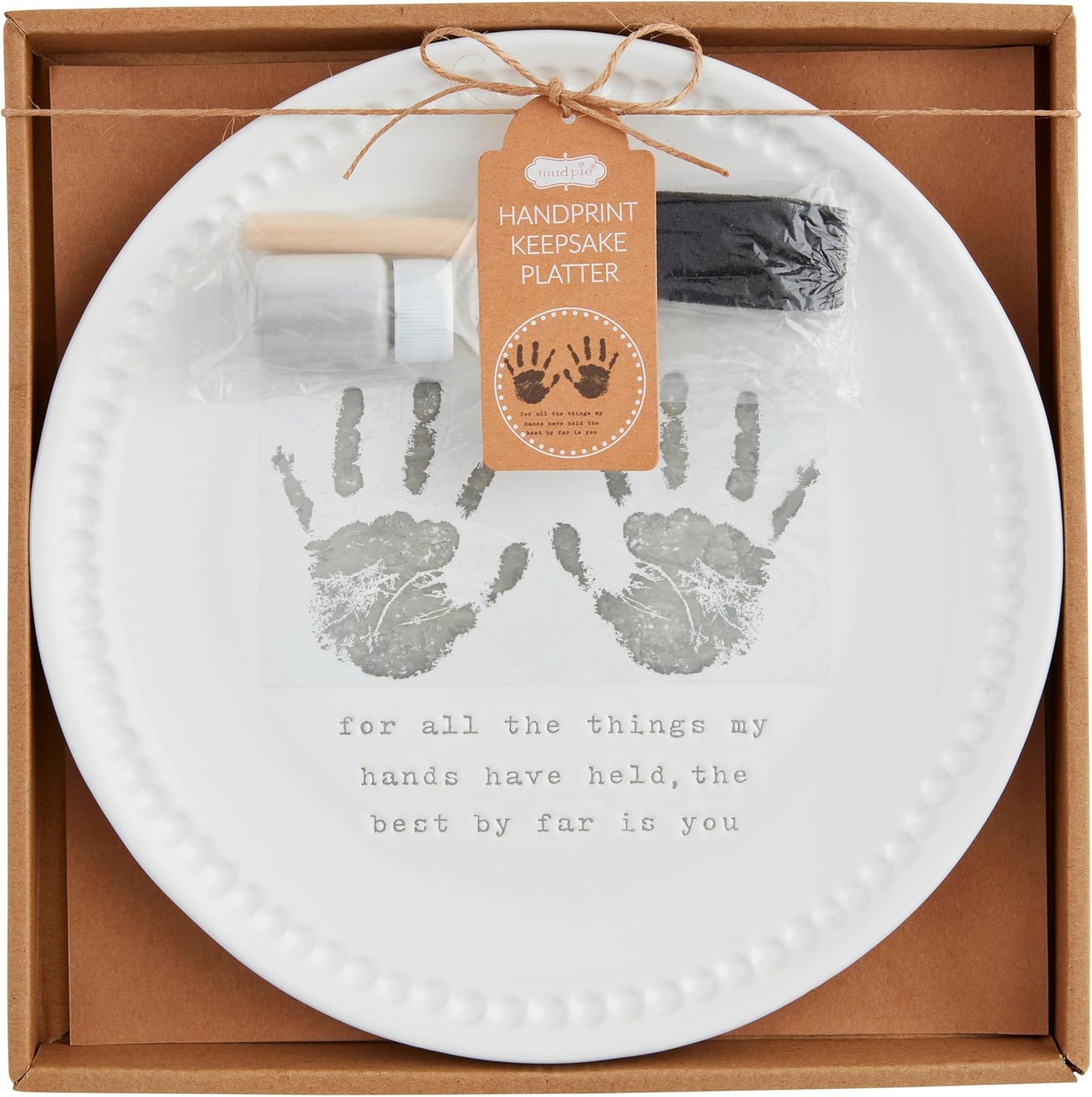 Mud Pie 10" Dia Handprint Keepsake Platter, White