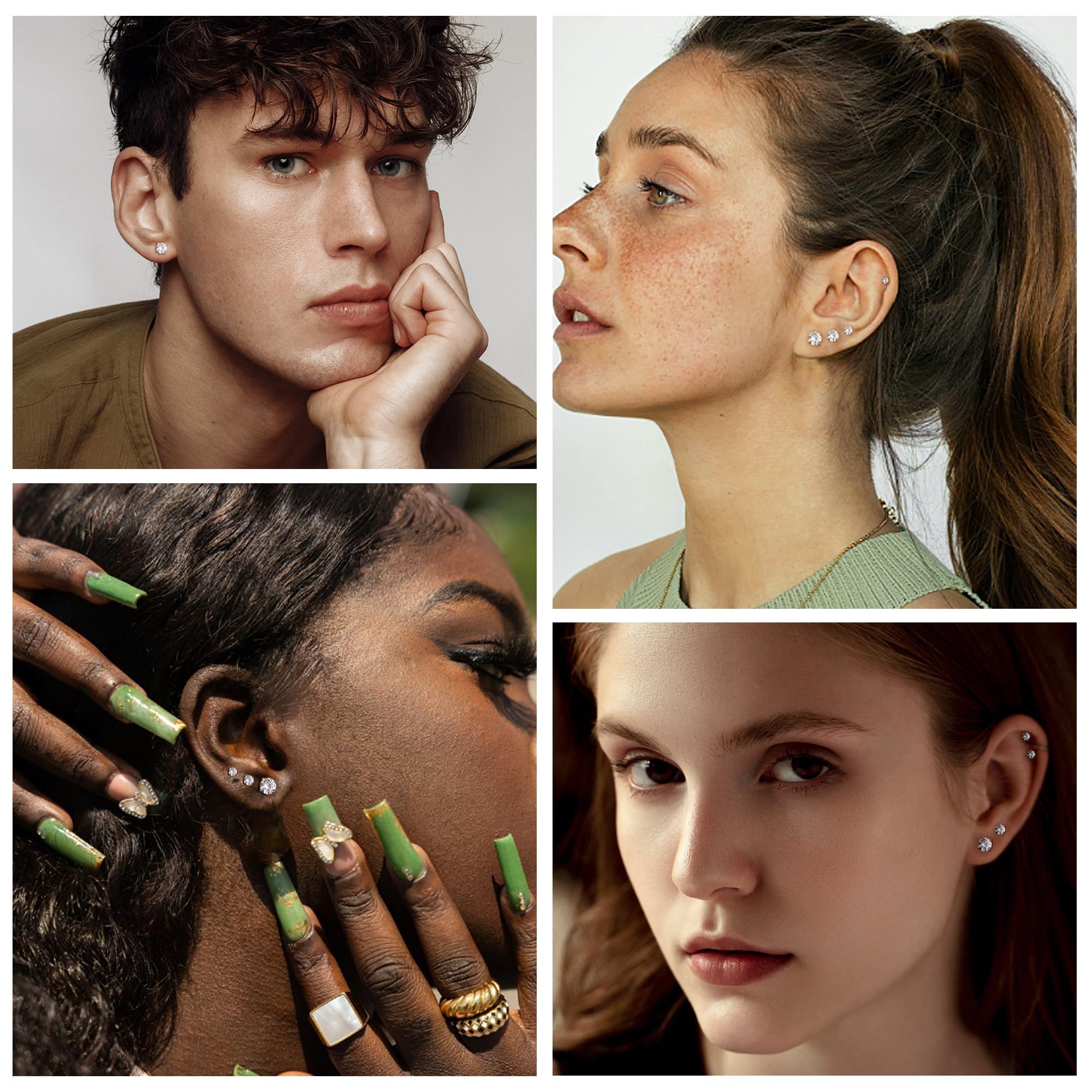 Diamday 6 Paia Orecchini per Donna Uomo Acciaio Chirurgico Piercing Orecchio Orecchini Anallergici Donna 5A Zircone Cubico Orecchini Argento Oro Helix Trago Cartilagine Orecchini Set Uomo