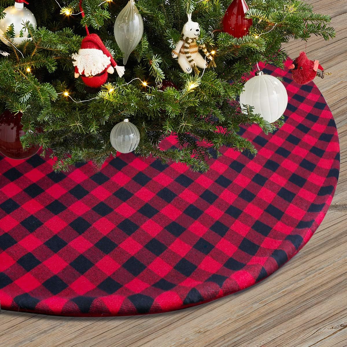 Townshine Checked Christmas Tree Skirt, 48 Inch Double Layers Red and Black Plaid Buffalo Deco for Holiday Party Tree Mat