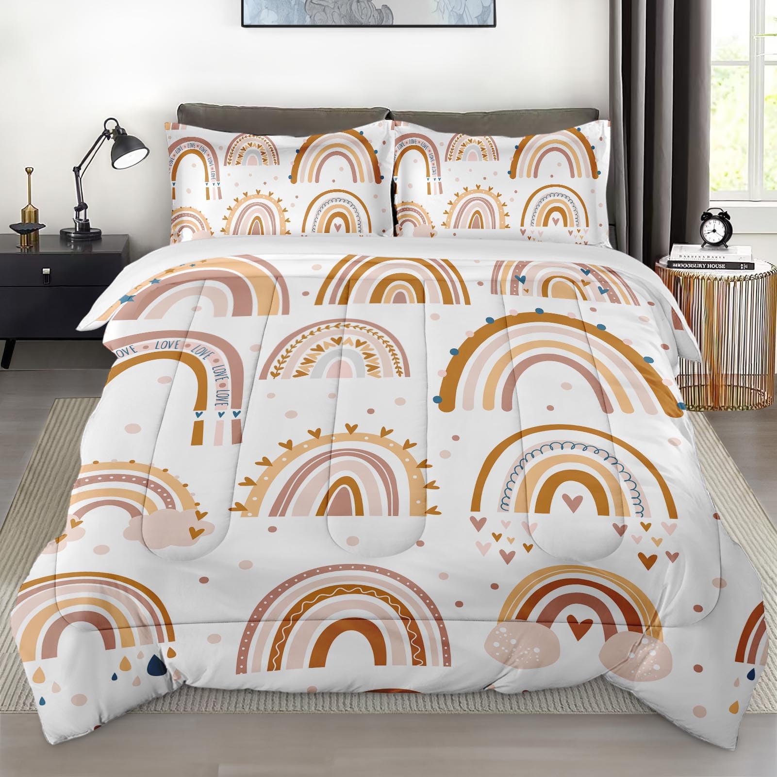 Comforter Set Twin Size, Boho Rainbow Pink Soft 2 Pcs Bedding for Kids and Adults, Love Colorful Nursery Comforter Set with Pillowcase, for Bedroom Bed DecorOEKO-TEX STANDARD 100