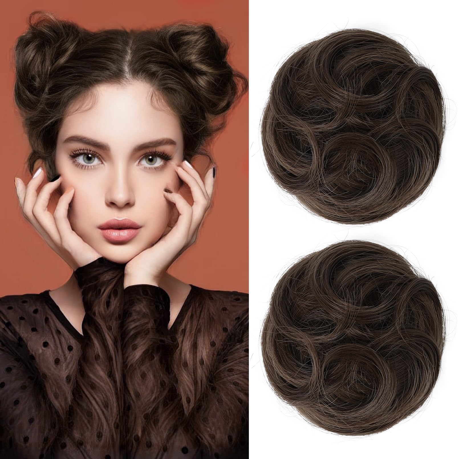 Mini Claw Clip Hair Bun Extension Synthetic Dark Brown Messy Cat Ears Synthetic Space Bun 2PCS Mini Claw Clip in Messy Cat Ears  main image 4