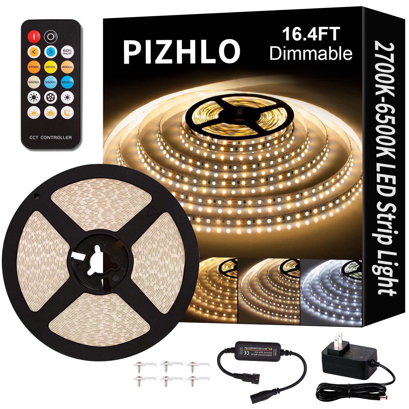 PIZHLO LED Strip Lights, Upgraded 16.4ft Dimmable 2700K-6500K LED Light Strips with Remote Bright Light, 600 LEDs Flexible Lights with Strong Adhesive for Bedroom, Mirror, Kitchen Under Cabinet Decor