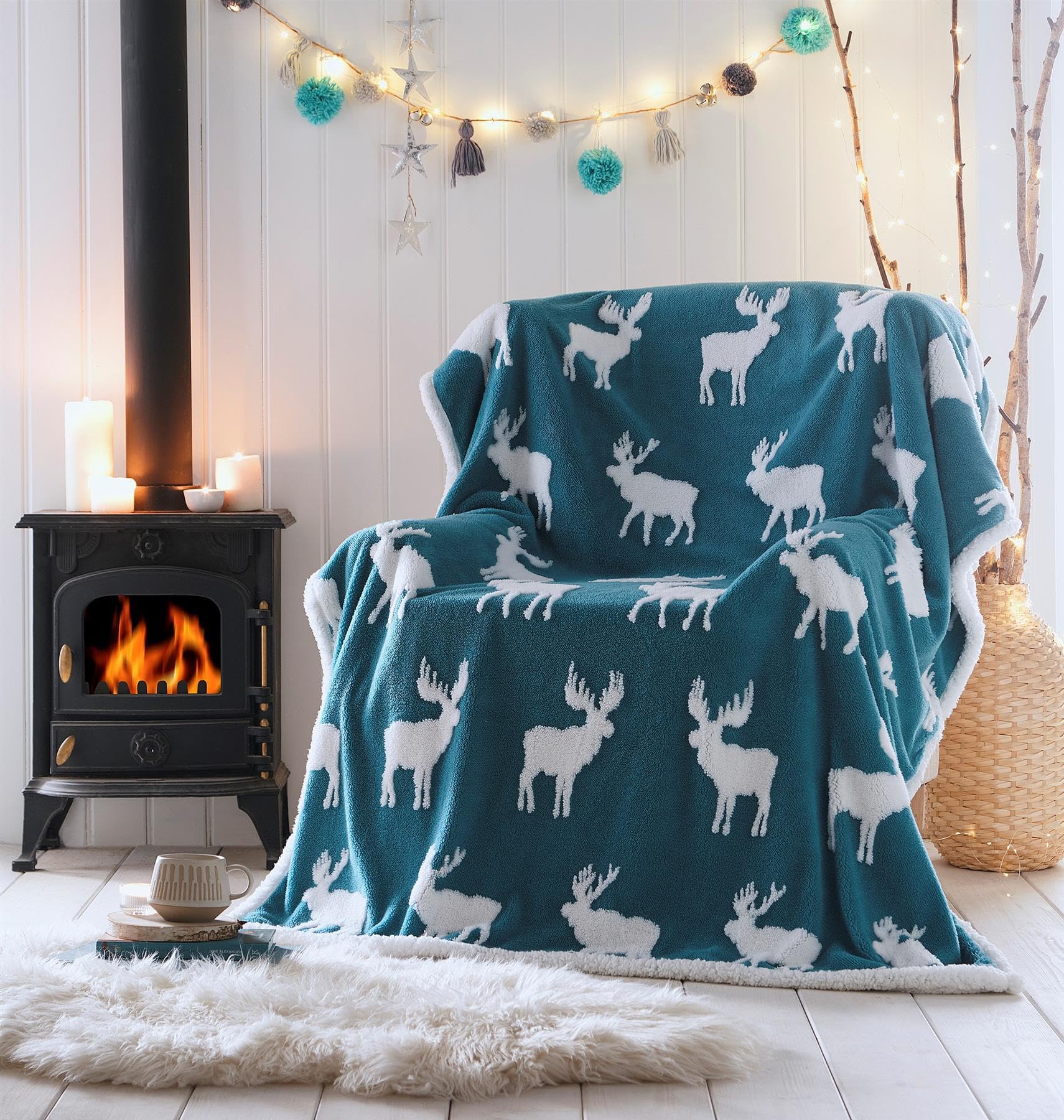 Portfolio Home Blue Portfolio Living Moose Throw Teal Fleece Blanket Reversible Sherpa 130X170cm