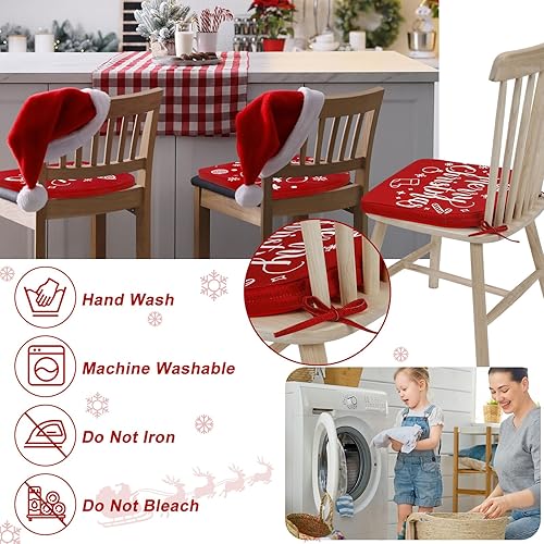 Miniatura 5 de Barydat 4 cojines de silla de Navidad con lazos para sillas de comedor de 16 x 16 pulgadas, espuma viscoelástica, copo de nieve, patrón de árbol de