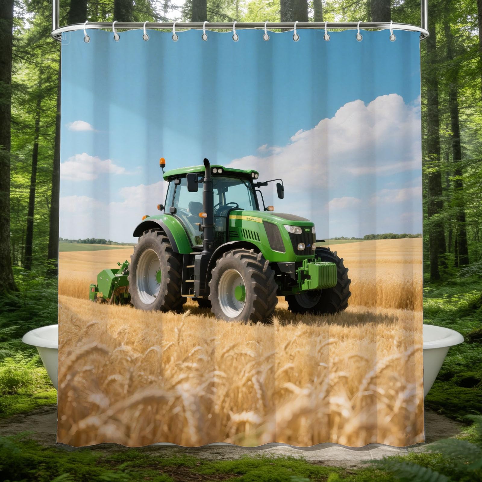 Hongduo 3D Green Tractor Shower Curtain for Stalls Bathtubs Rural Scenery Bathroom Decor Shower Curtain Set Polyester Fabric Waterproof 200x200cm/79X79 Inch with Hooks