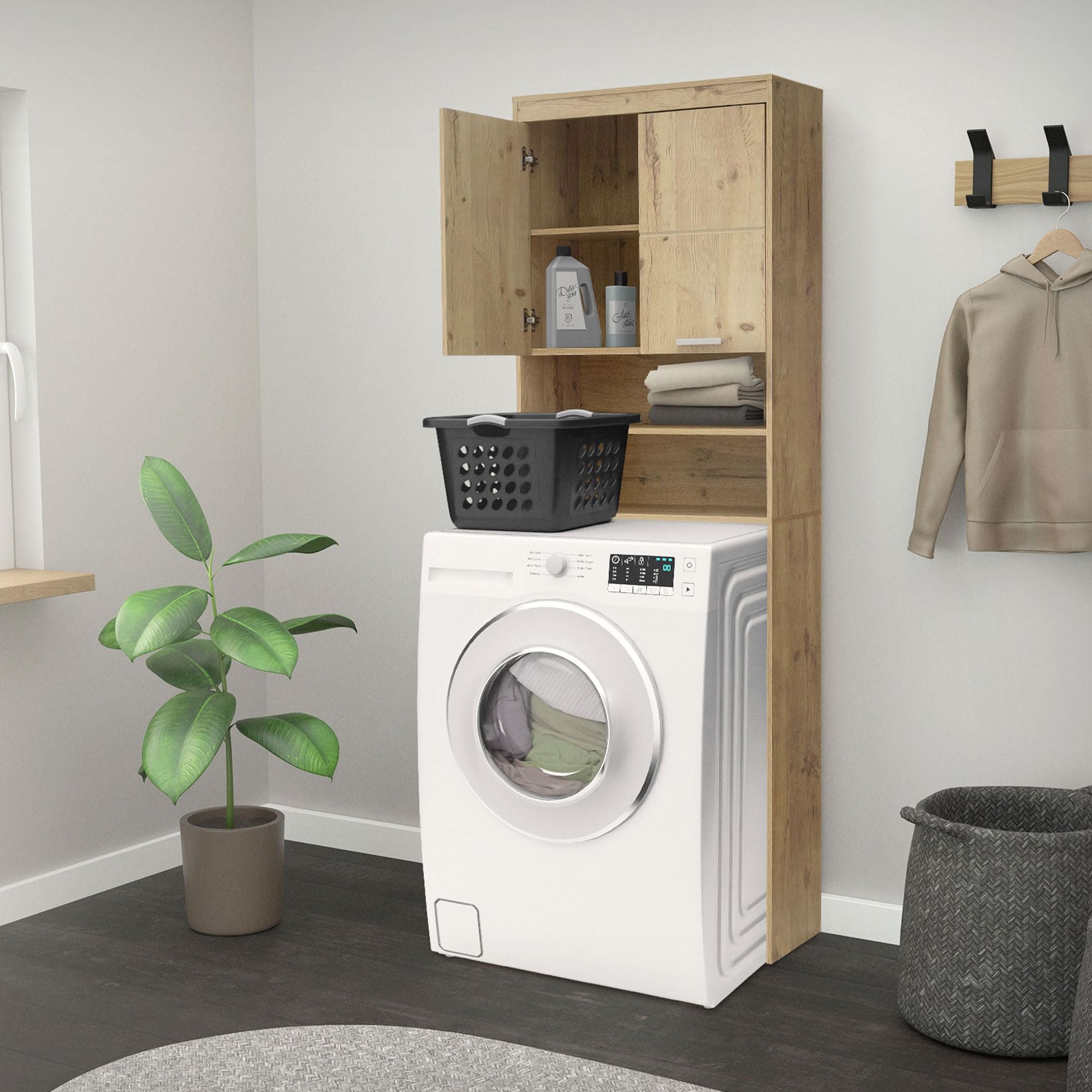 Armadio Pensile Per Lavatrice FIN 180 - 64x180x30cm Bianco/Grigio Con 4 Ripiani