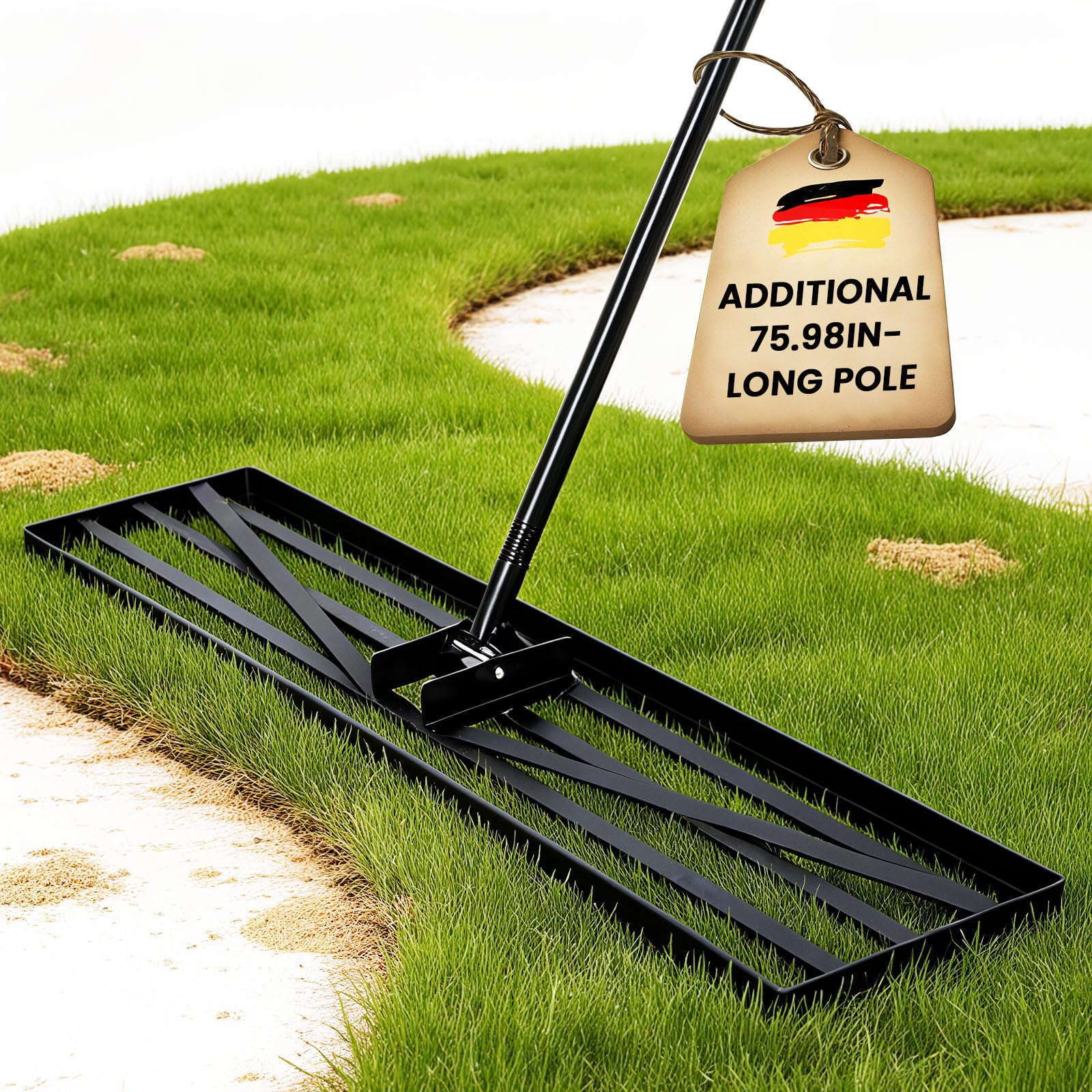 ZIKEBTUY Lawn Rake, 75 x 25 cm, Garden Lawn Levelling Rake with 193 cm Extra-Long Handle Garden tool for effortlessly levelling garden, golf course and farm lawns (75cm)