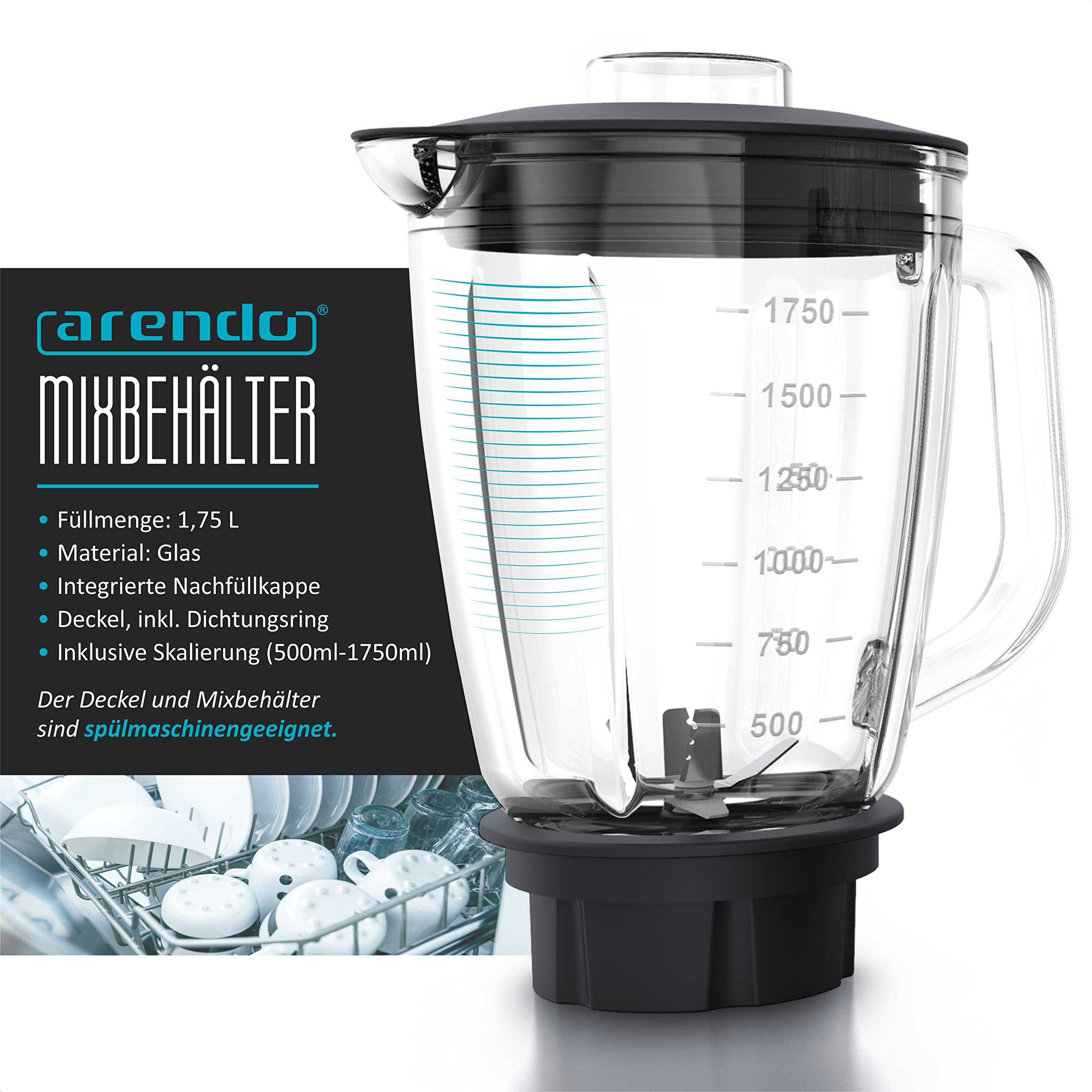 Arendo Standmixer Edelstahl 1400 Watt 24.000 U min inkl 1,75 l Glasbehälter Messbecher, kugelgelagertes Edelstahlmesser 6-flügelig, Crush, Smoothie, Impulsfunktion, 30 Leistungsstufen, 60 ml