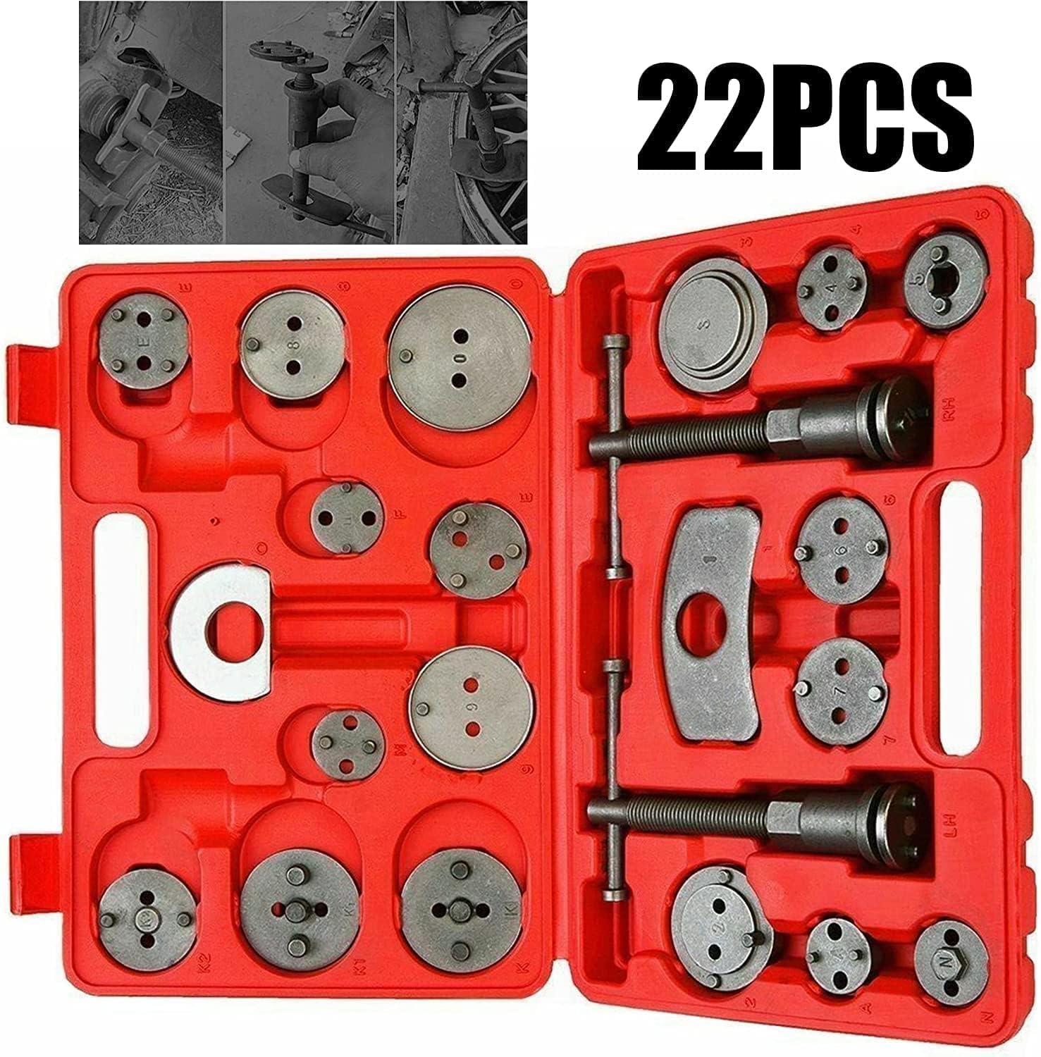 VLAND 22 PCS Set di strumenti universali per il ritorno dei pistoni dei freni dell'auto, 18 adattatori + 2 viti di pressione + 2 piastre di ritenzione