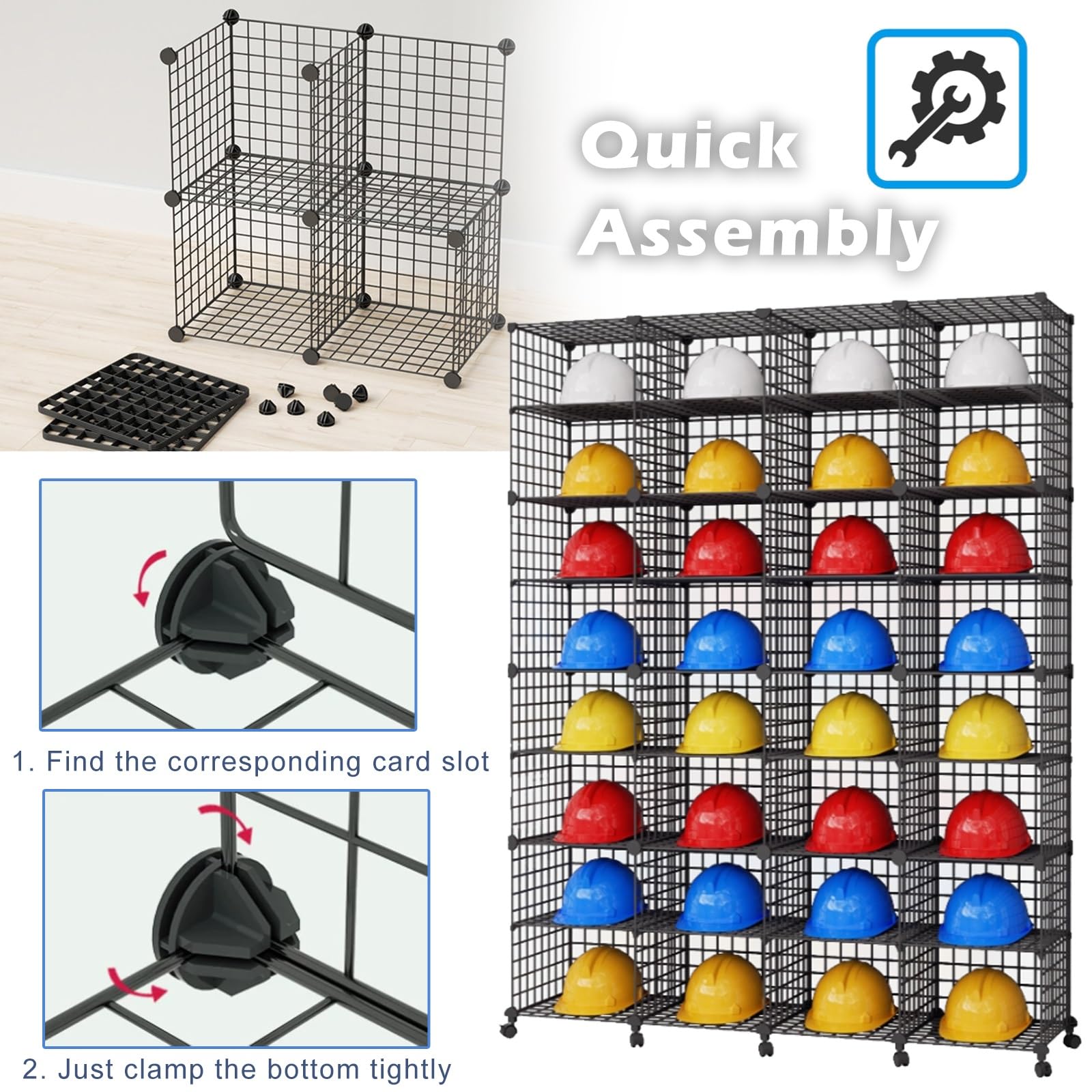 soporte casco moto Organizador de almacenamiento apilable con rejilla de alambre de hierro, 30 cubos grandes, para casco, estante negro para casco de seguridad para fábrica y taller(6pc)