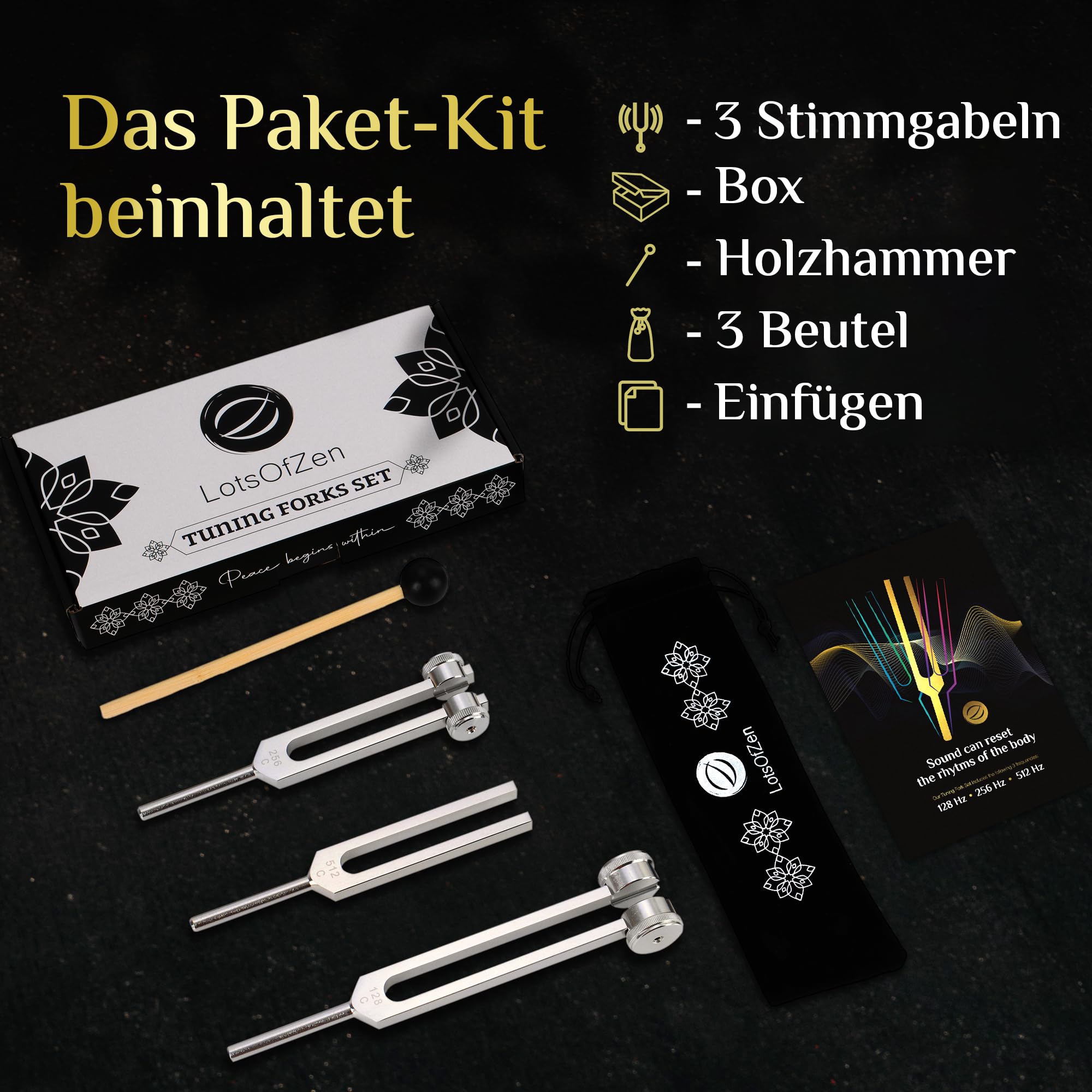 Set aus Stimmgabeln (128 Hz, 256 Hz, 512 Hz) - Körpergewichtete medizinische Stimmgabeln zur Chakra-Heilung - Yoga- und Meditationszubehör - Stimmgabel-Set für Frequenzheilung