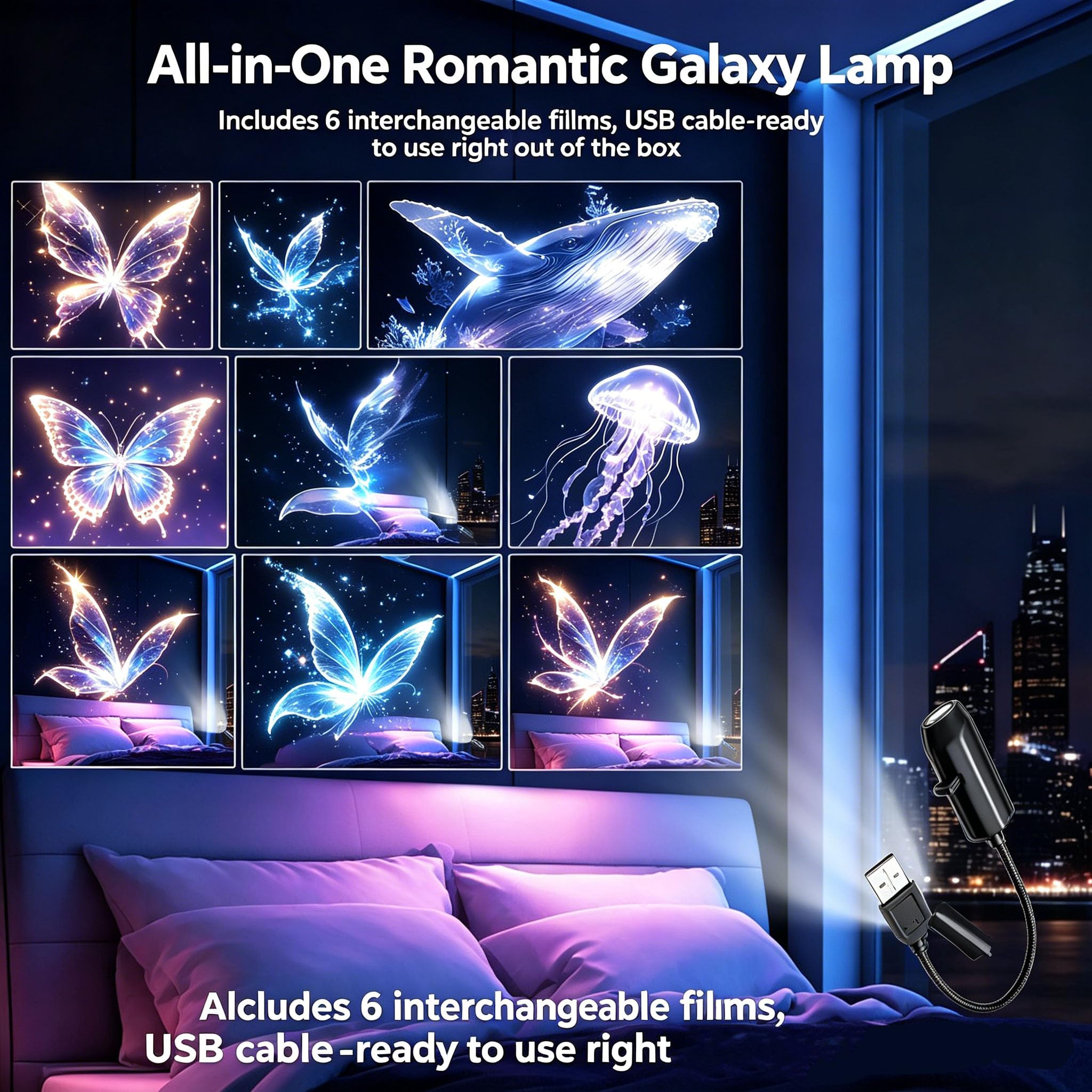 Lampa gwiaździsta do sypialni, projektor LED z 6 wymiennymi dyskami foliowymi, zasilana przez USB, romantyczna lampa galaktyka do sypialni, sufitu, dekoracja ścienna, prezent urodzinowy