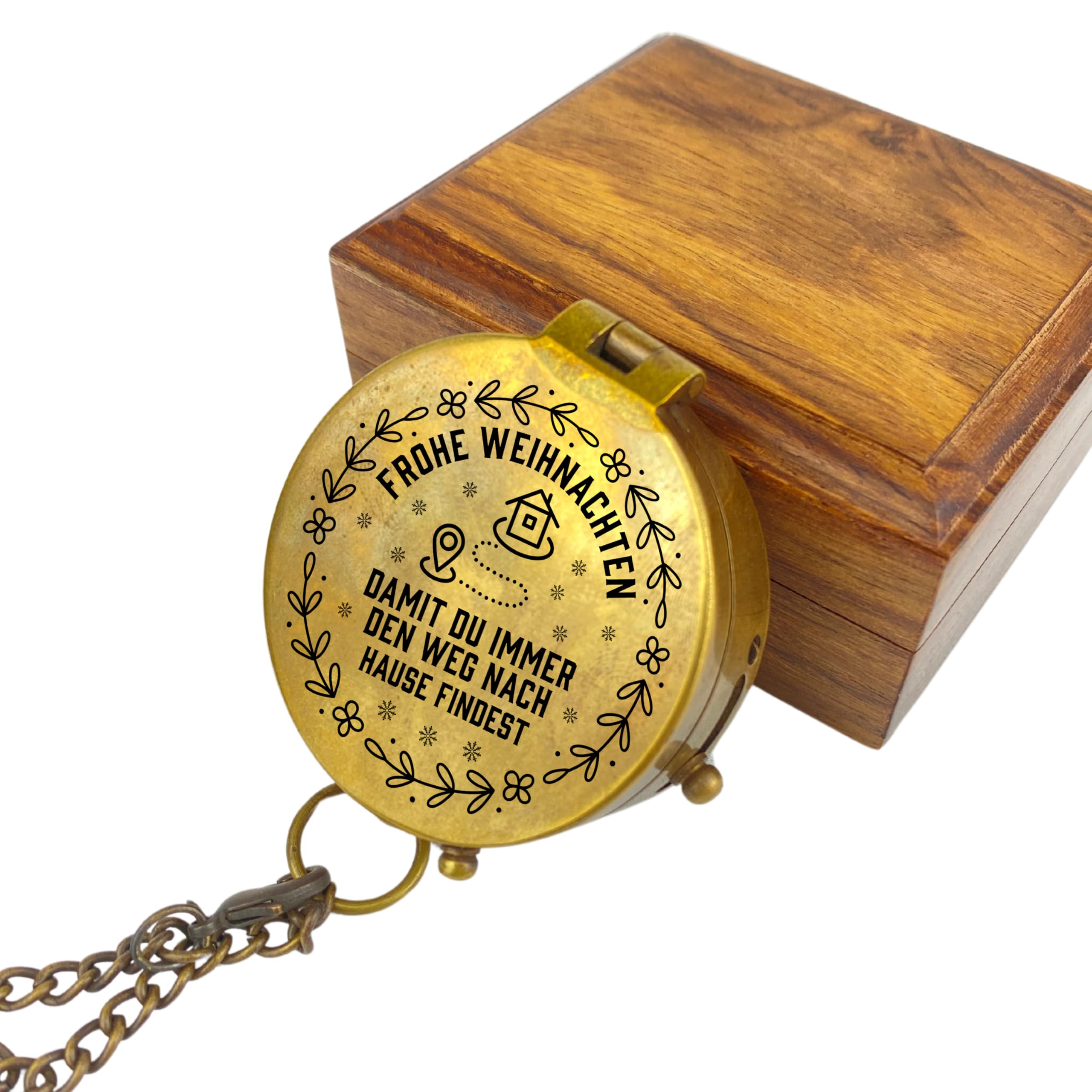 Personalisierter Kompass mit Gravur Wunschmotiv Weihnachten und Wunschtext Name Diverse Designs Messing Ledertasche Geschenkbox Geschenkidee (Vintage Optik)