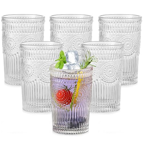 ZMOWIPDL 13oz Flower Design Clear Glass Cups Set of 6